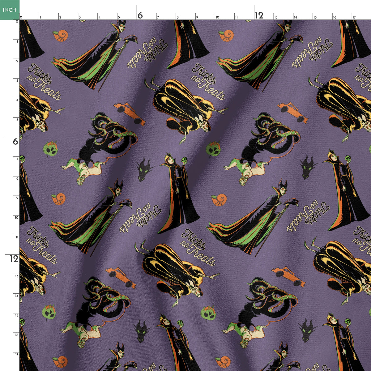 Cartoon villains pattern featuring Maleficent and other Disney antagonists on purple background springs ruler 18x18