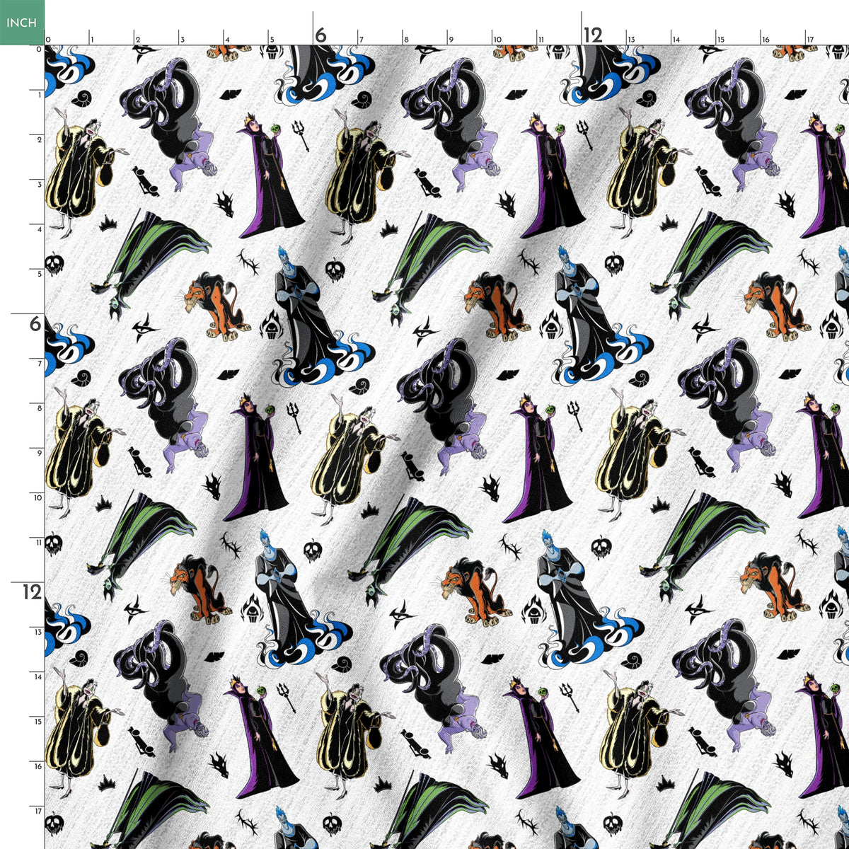 Disney villains pattern with stylized character silhouettes in black, purple, green, and orange on textured white background springs ruler 18x18