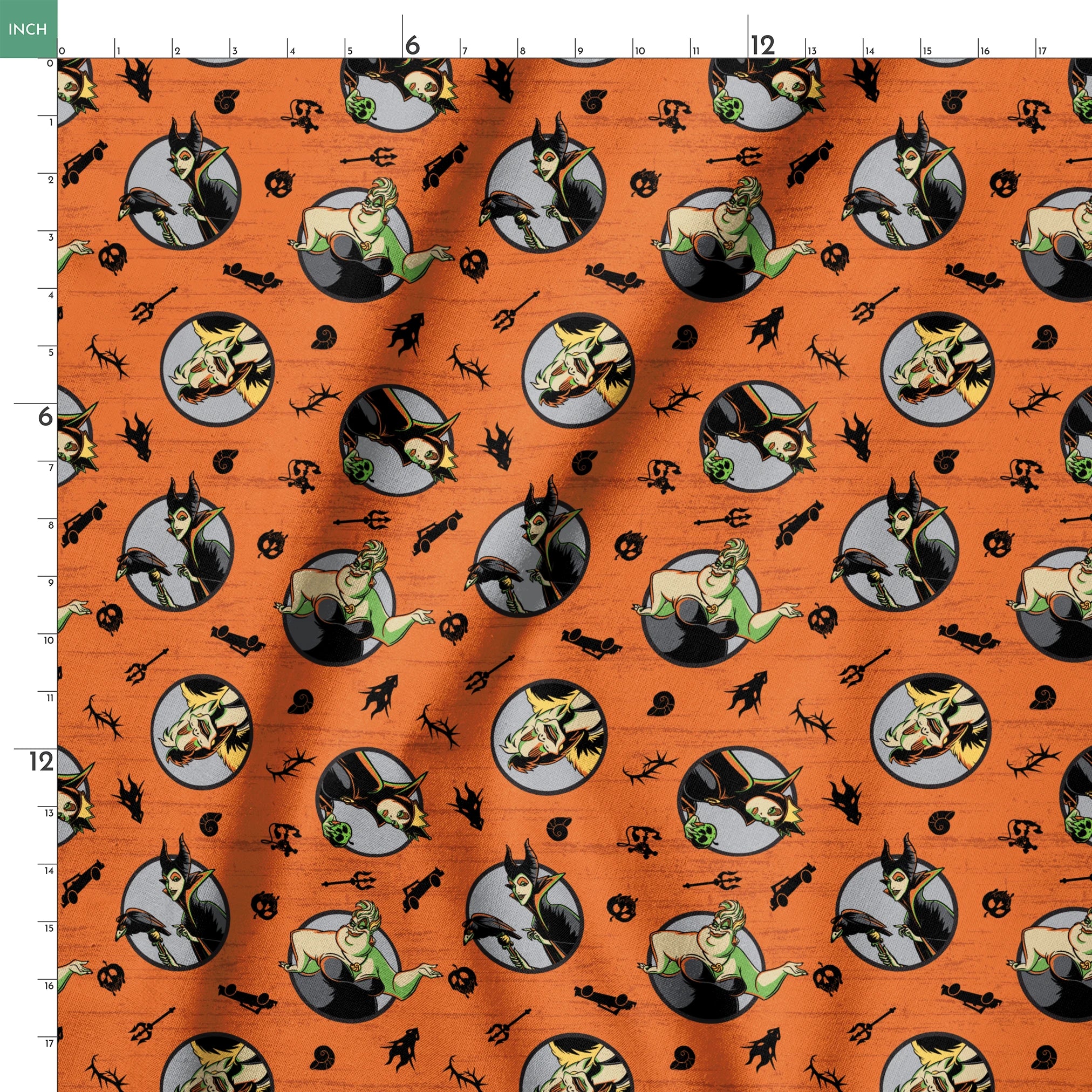 Halloween-themed orange pattern with circular Disney Villain portraits, black cats, bats, pumpkins, and spooky symbols springs ruler 18x18