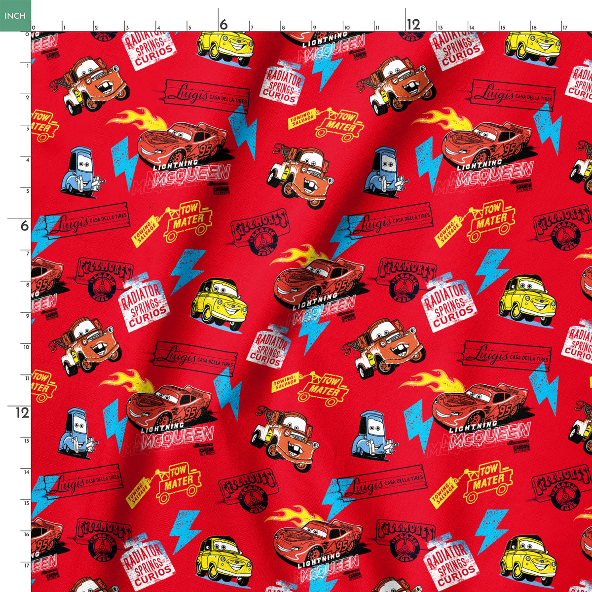 Colorful Disney Cars pattern featuring Lightning McQueen and Mater on vibrant red background with logos springs ruler 18x18