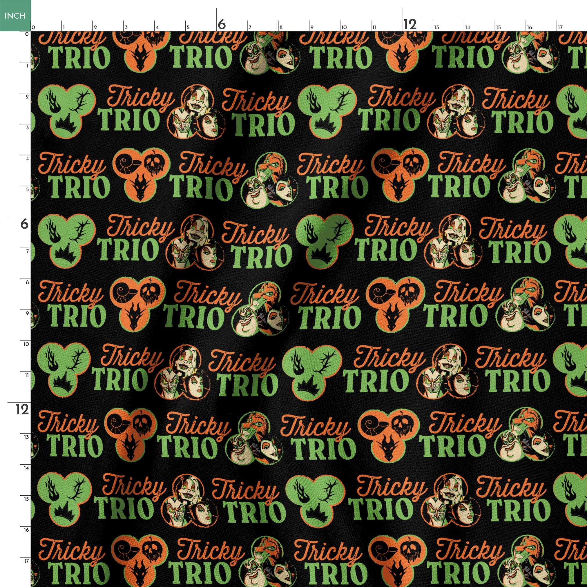 Disney Halloween pattern with "Tricky TRIO" text in orange and green, featuring Disney Villains, pumpkins, and ghostly designs on black background springs ruler 18x18