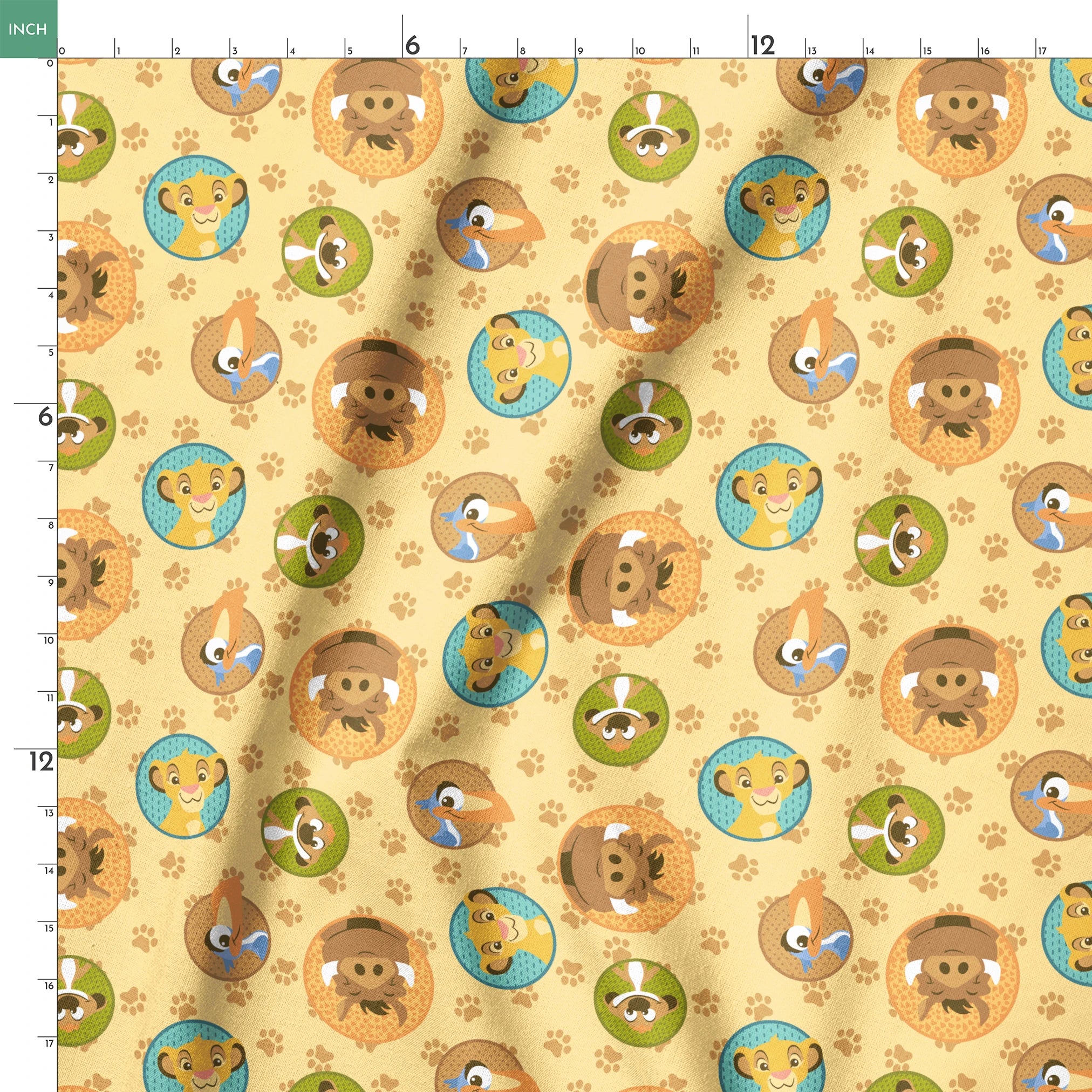 Cartoon animal faces in circular frames on beige background with paw prints - lion, monkey, dog, bird springs ruler 18x18