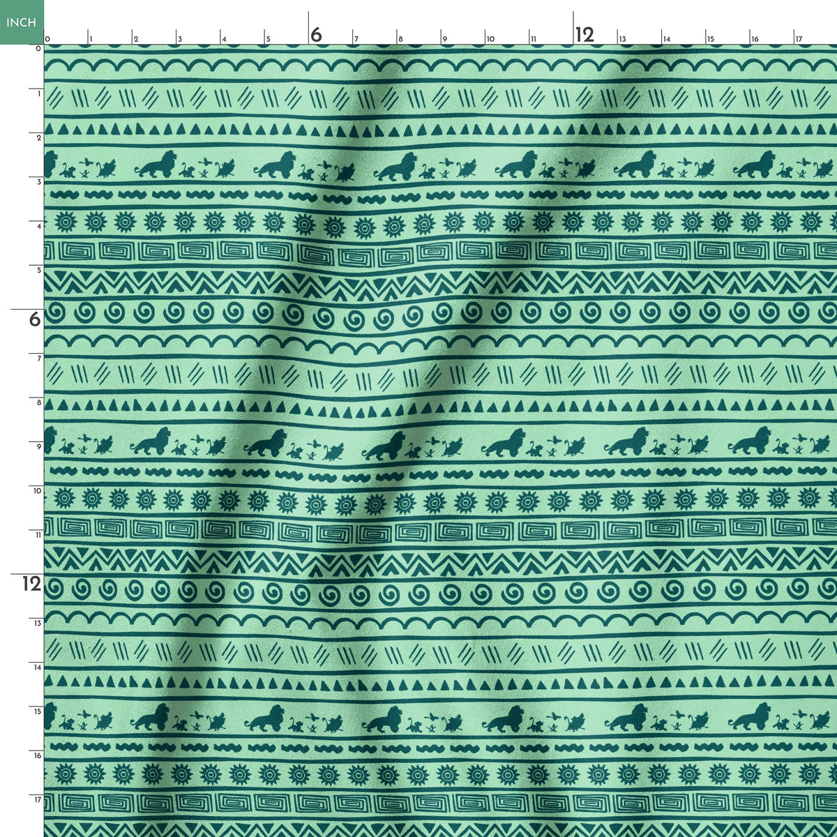 Traditional African-inspired pattern in dark teal on mint green with lions, spirals, triangles, and geometric motifs springs ruler 18x18