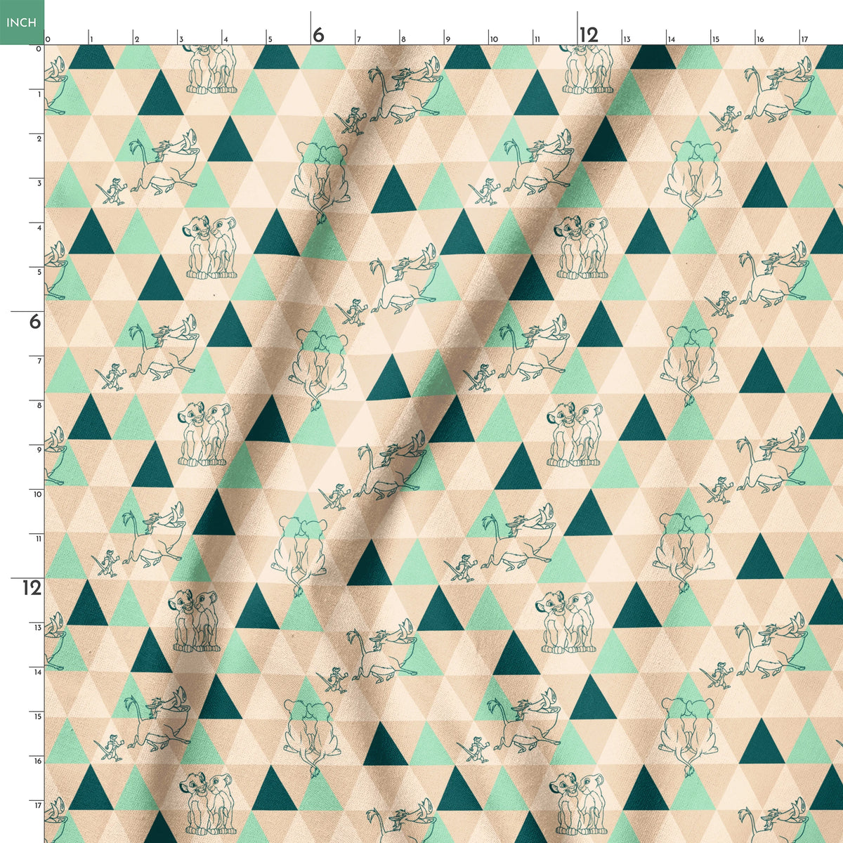 Geometric triangle pattern with stylized animal illustrations in teal and beige, featuring dogs, elephants, and other creatures. springs ruler 18x18