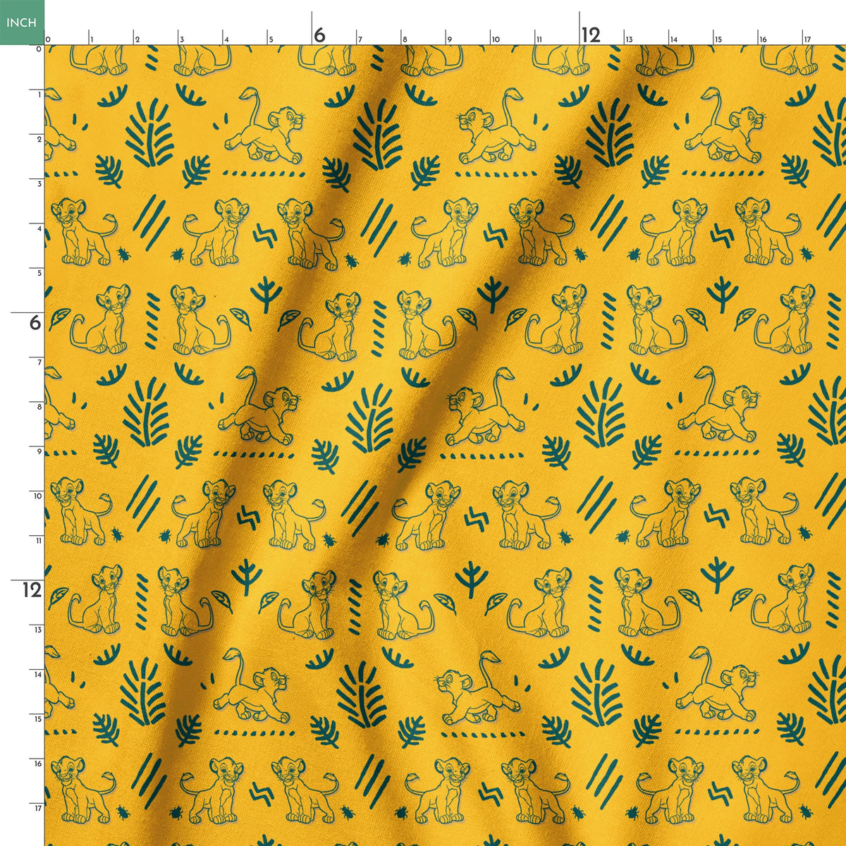 Pattern of cartoon lion cubs with green leaves and decorative elements on bright yellow background springs ruler 18x18