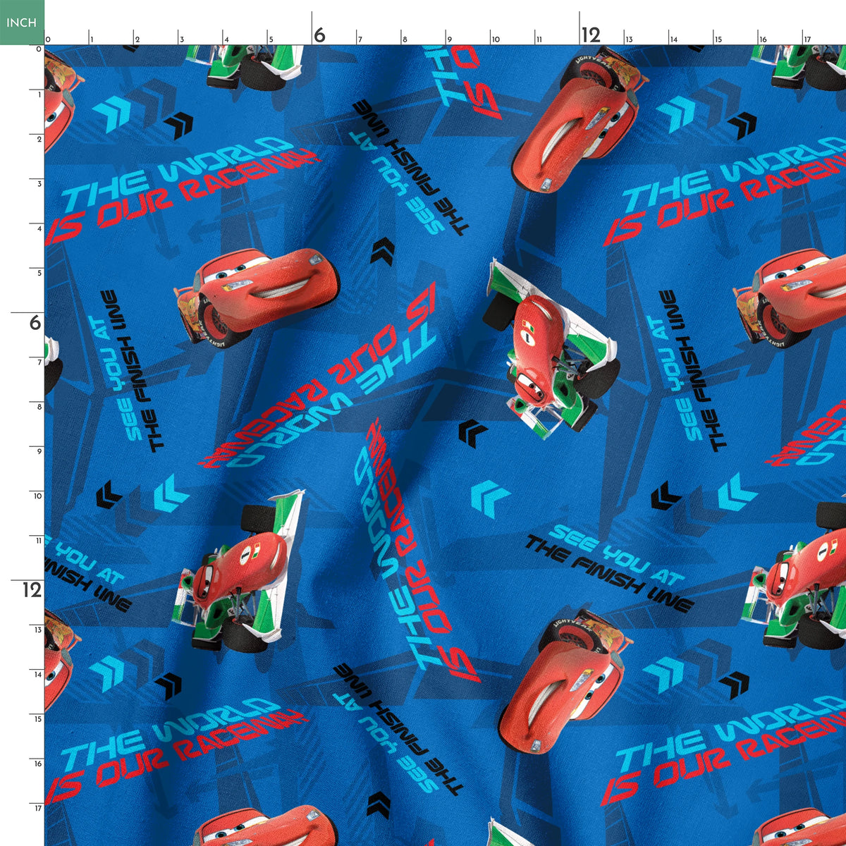 Blue fabric pattern with animated red race cars, "The World of Cars" text, and directional arrow designs springs ruler 18x18