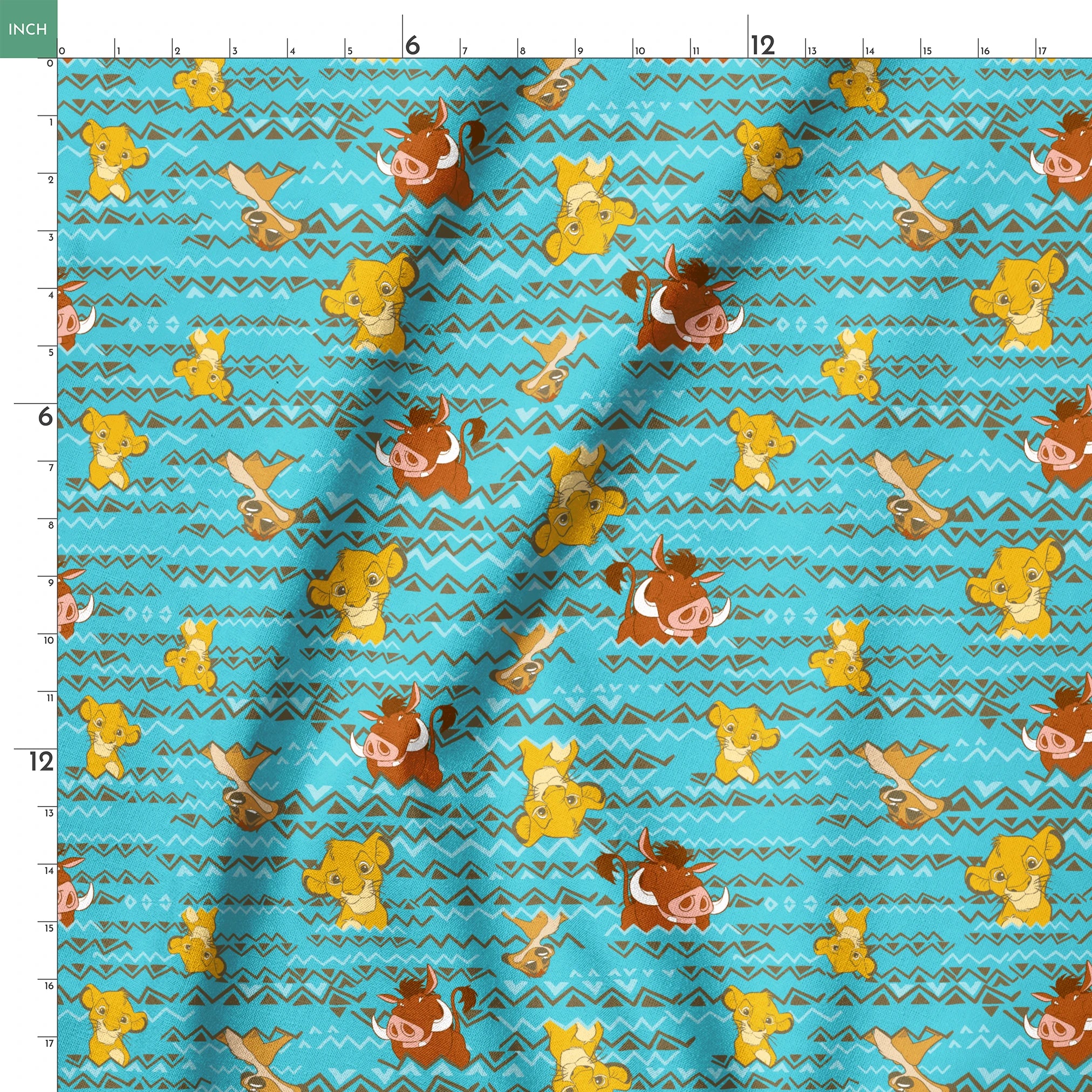 Lion King themed pattern with Simba and Timon characters on turquoise blue background with zigzag stripes springs ruler 18x18