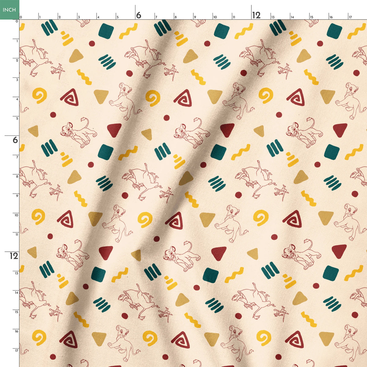Abstract pattern with line art animal sketches, geometric shapes in teal, yellow, and burgundy on beige background springs ruler 18x18