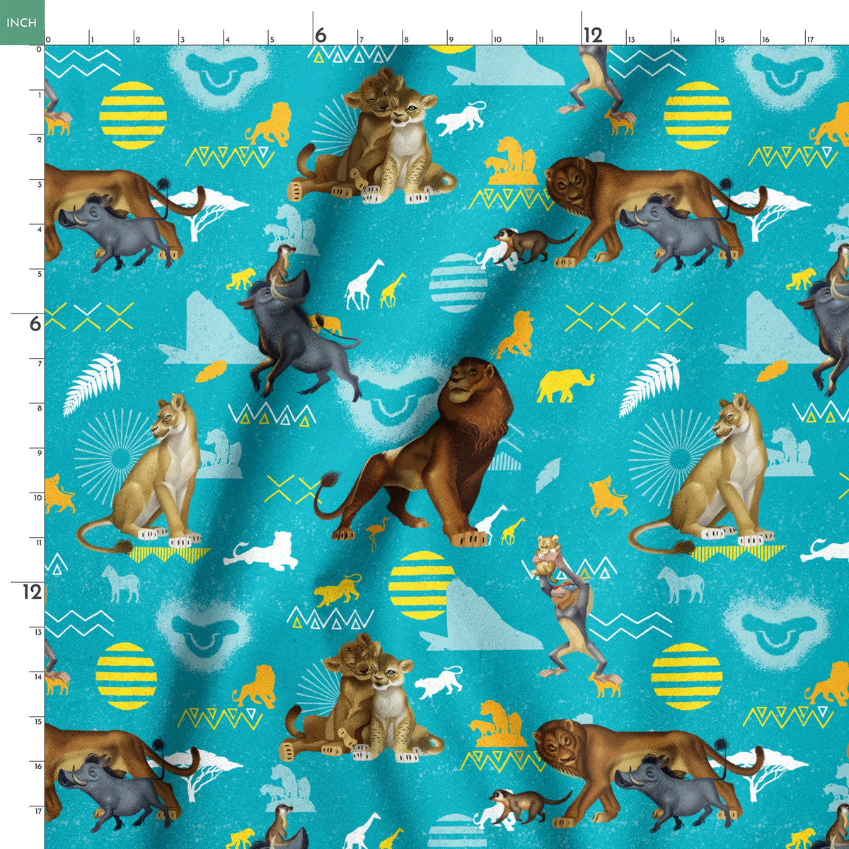 Animated lions pattern on turquoise background with geometric shapes and tribal designs springs ruler 18x18