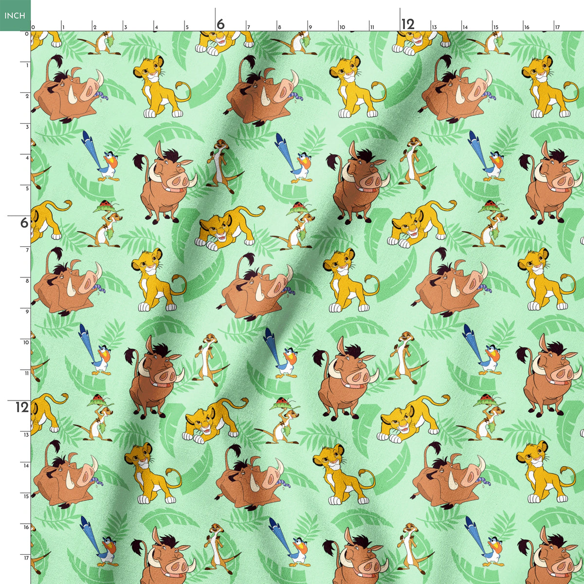 A repeating pattern of Lion King characters - Simba, Timon, Pumbaa, and Zazu on a light green leafy background. springs ruler 18x18