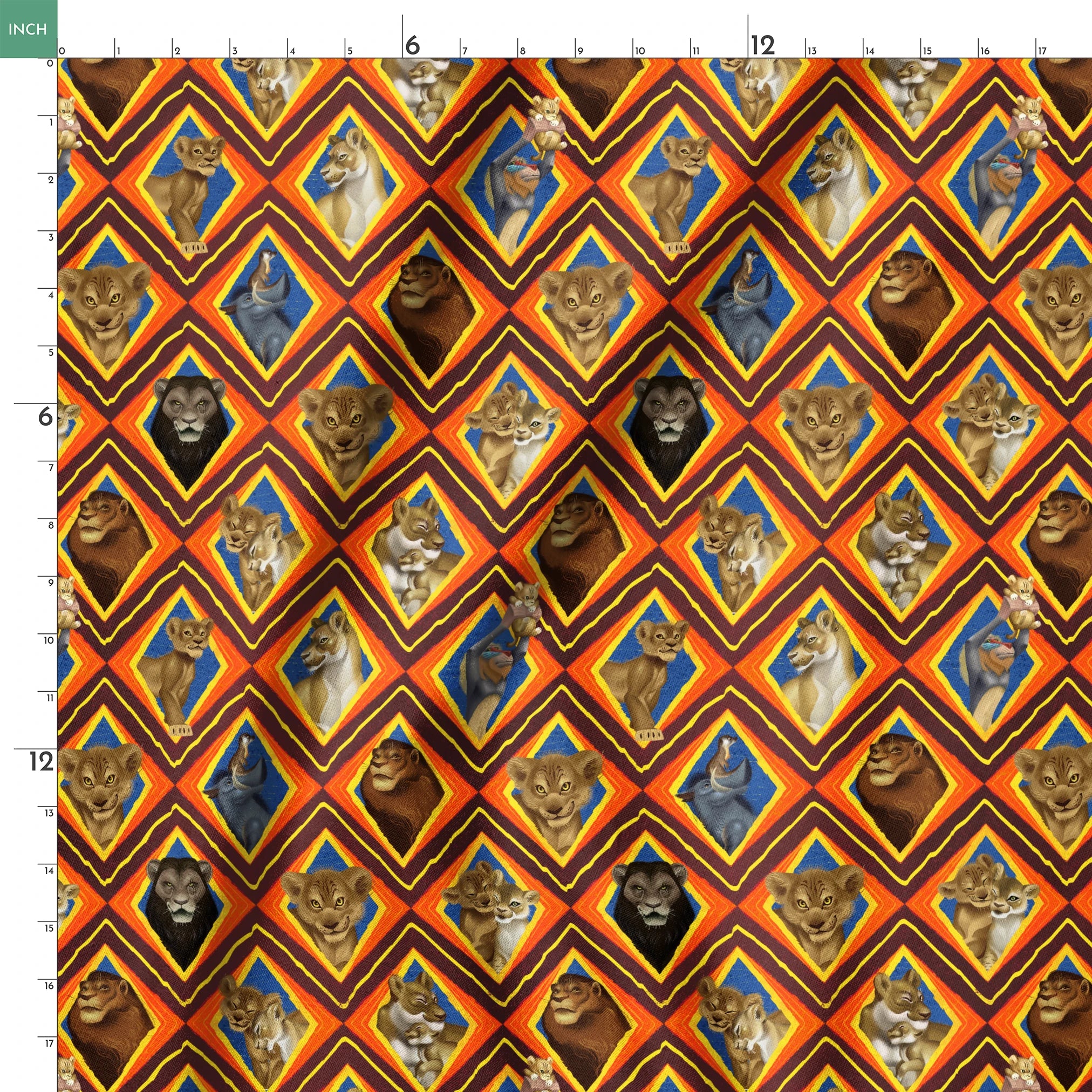 Diamond pattern of illustrated lions with various expressions in brown, tan, and gray against colorful geometric backgrounds. springs ruler 18x18