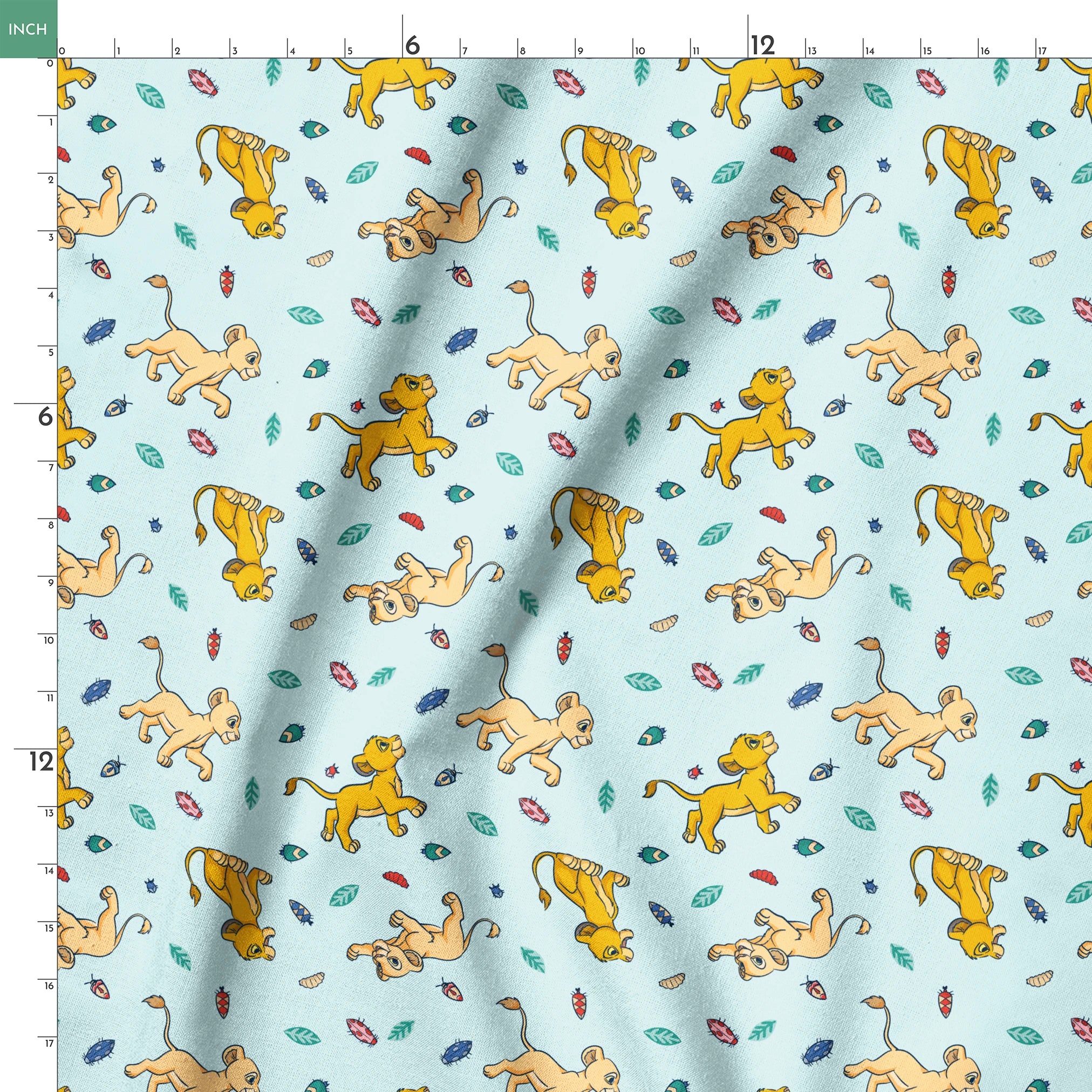 Lion cubs playing on light blue background with colorful leaves and plant elements scattered throughout springs ruler 18x18