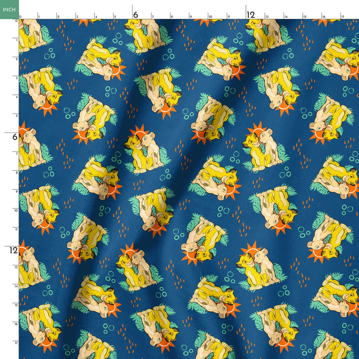 Yellow cartoon lions and pale yellow animals on teal background with tropical leaves, orange sun shapes and bubbles. springs ruler 18x18