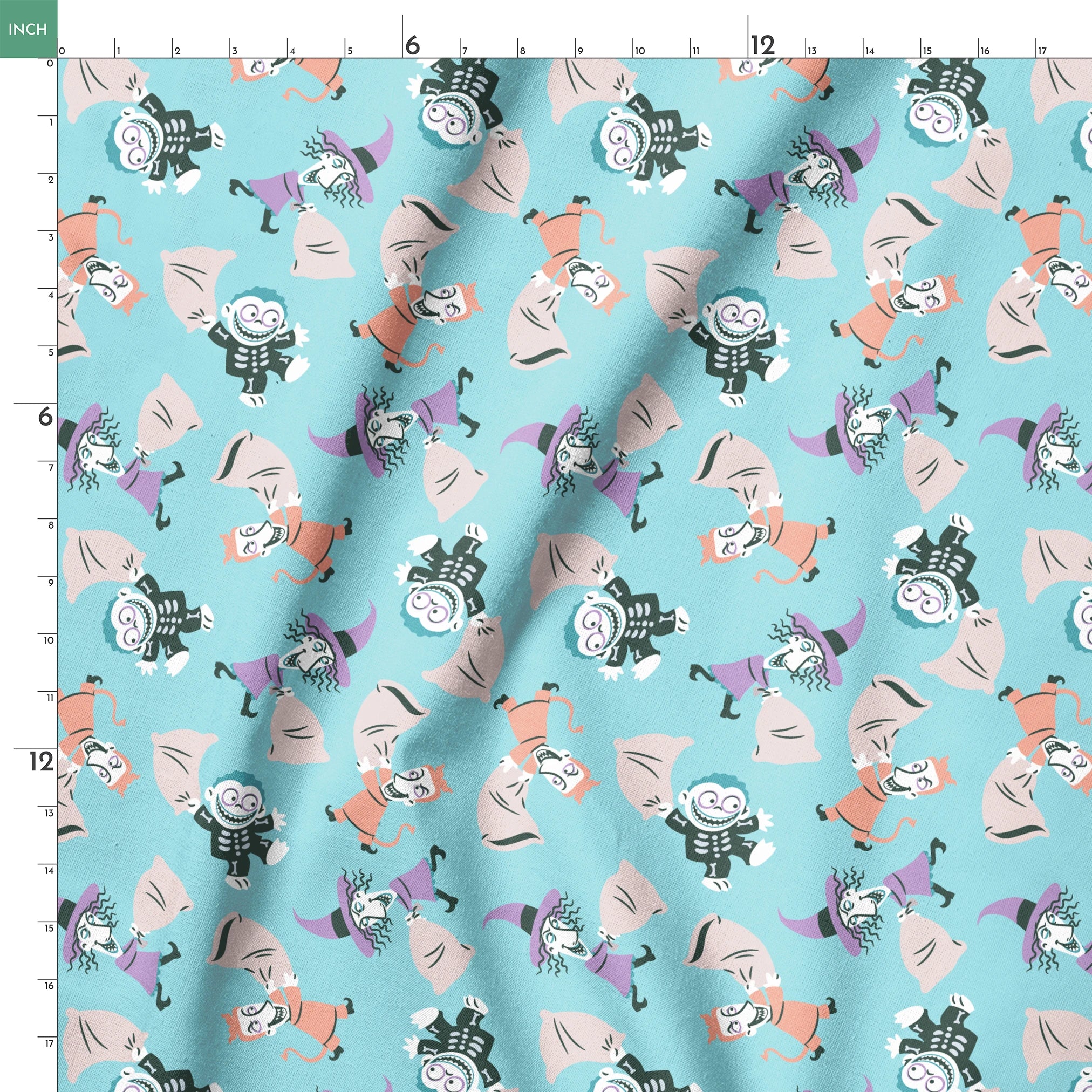 Whimsical pattern of cartoon characters in Halloween costumes on light blue background springs ruler 18x18