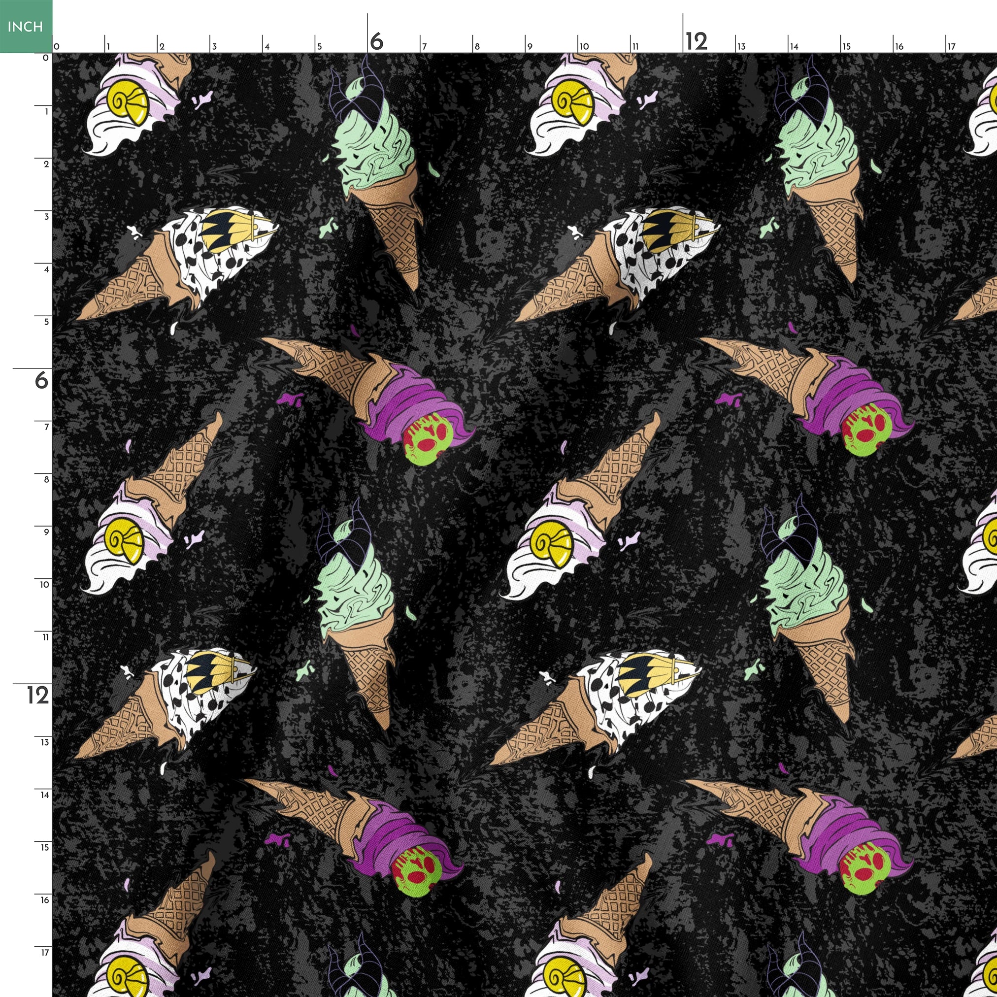 Disney Villain-inspired ice cream cones on black background springs ruler 18x18