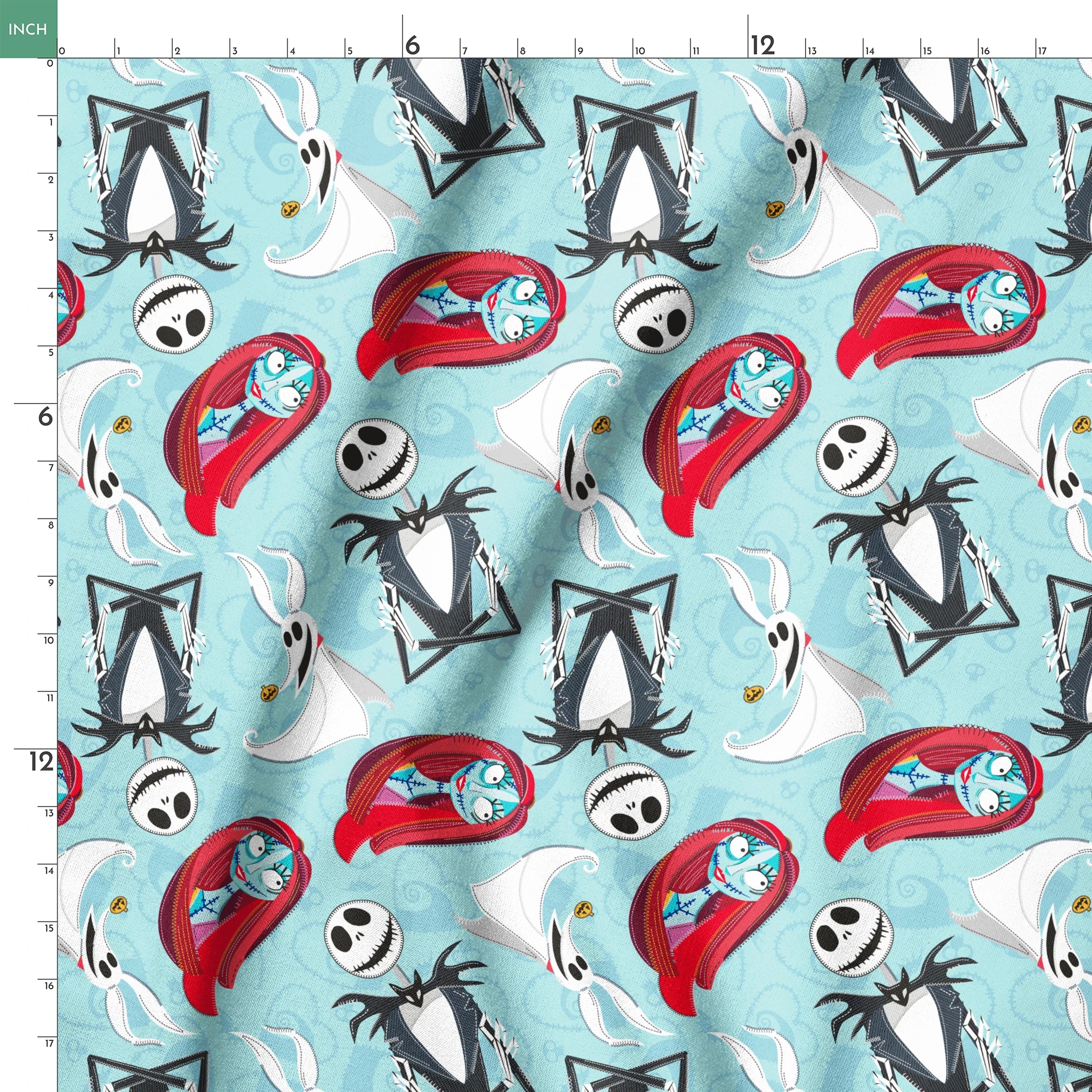 Nightmare Before Christmas pattern with Jack Skellington, Zero ghost dog, and coffin shapes on light blue background springs ruler 18x18