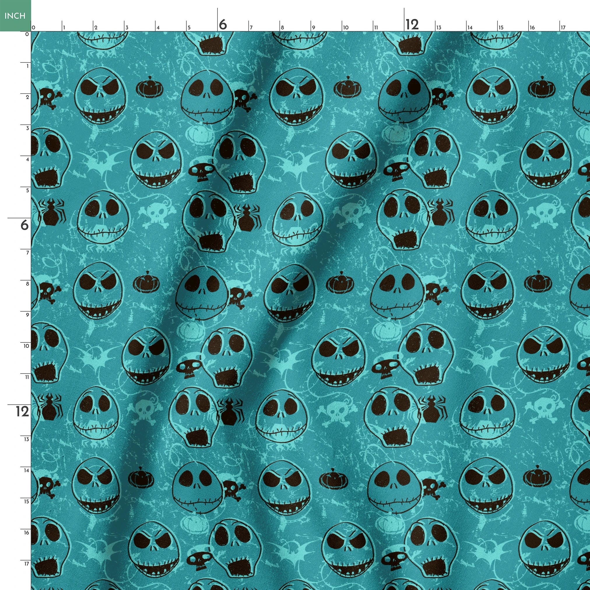Teal pattern of cartoon skull faces with different expressions, Halloween elements like pumpkins and spiders springs ruler 18x18