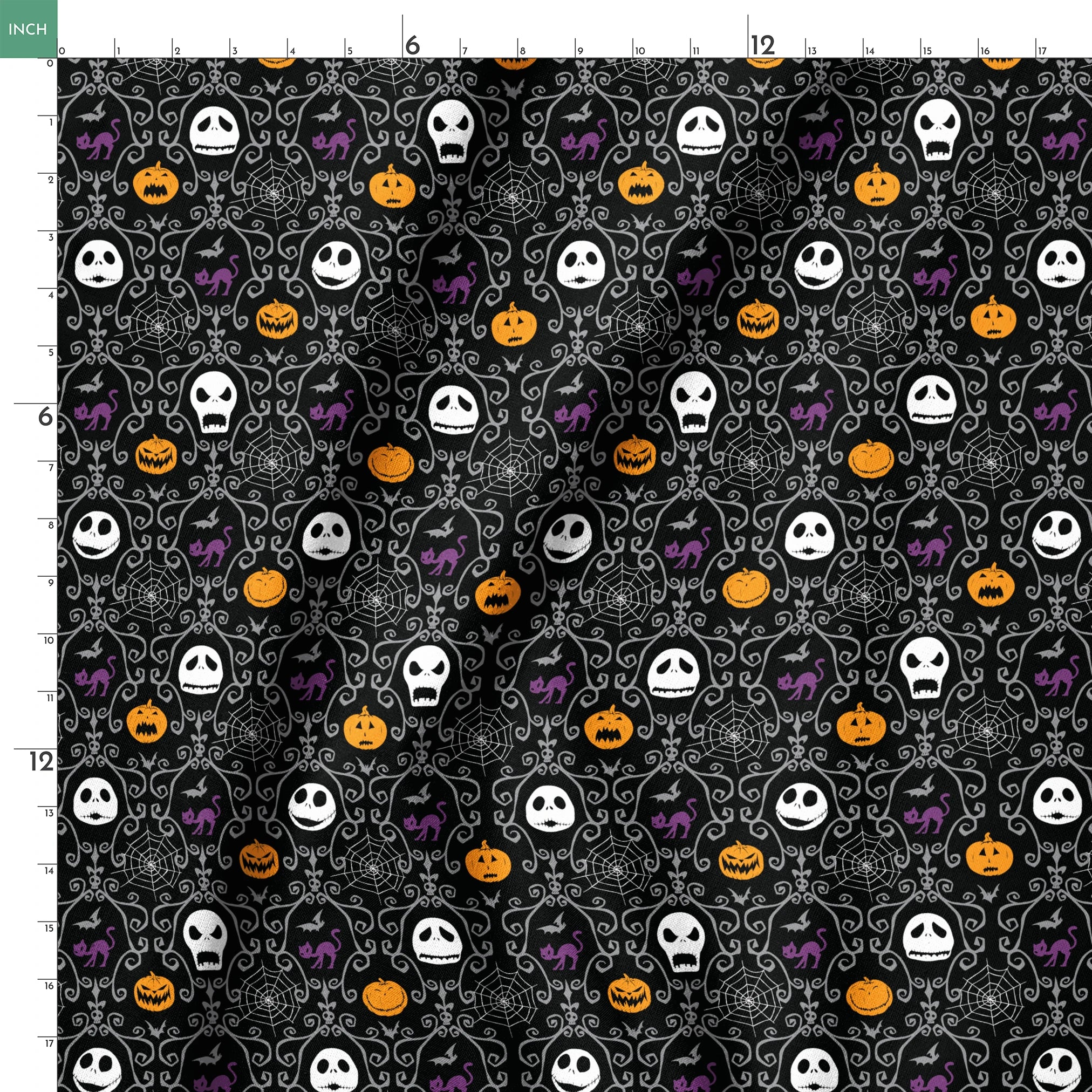 Nightmare Before Christmas pattern with skulls, pumpkins, bats and ornate swirls on black background springs ruler 18x18