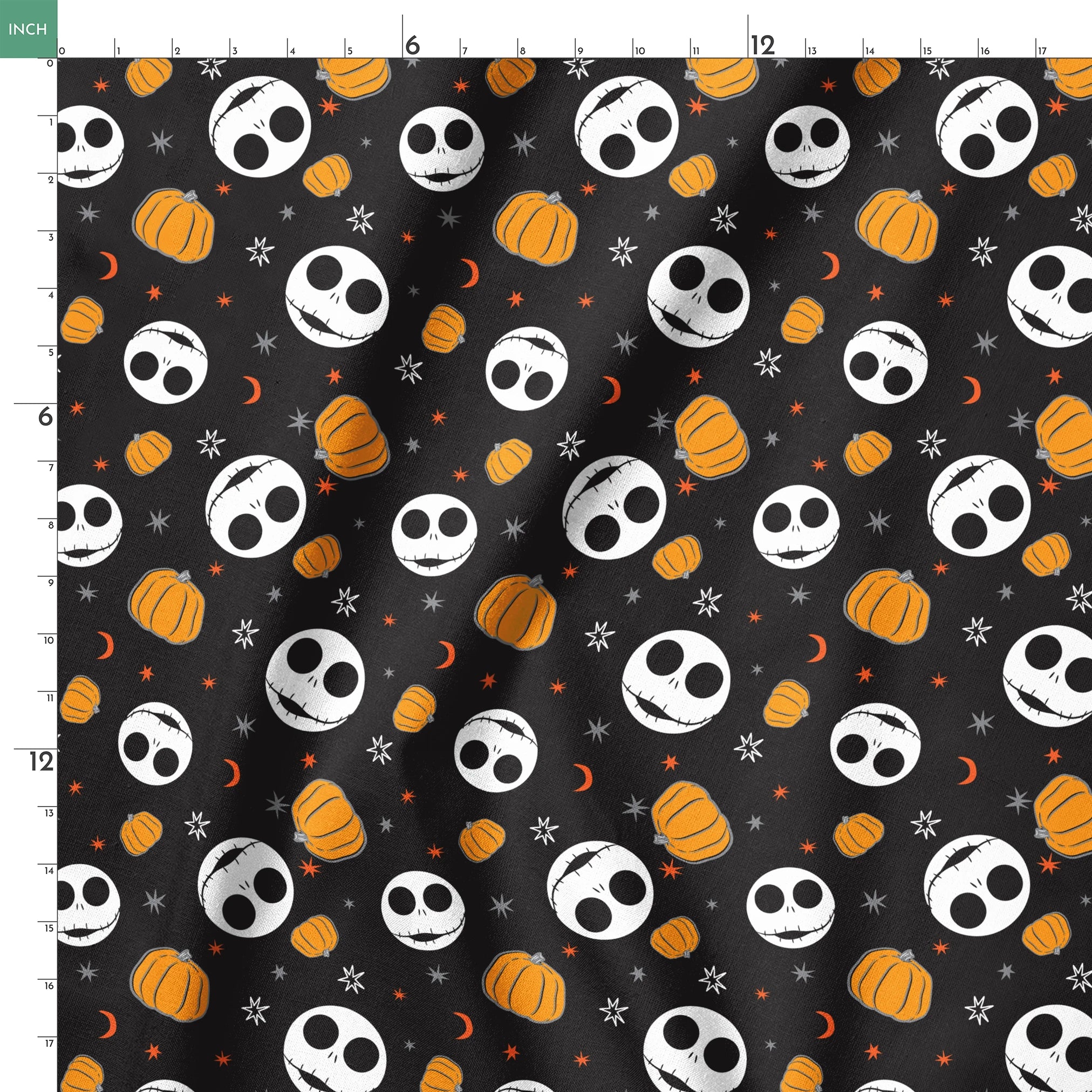 Halloween pattern with Nightmare Before Christmas characters, orange pumpkins, stars and crescent moons on black background springs ruler 18x18