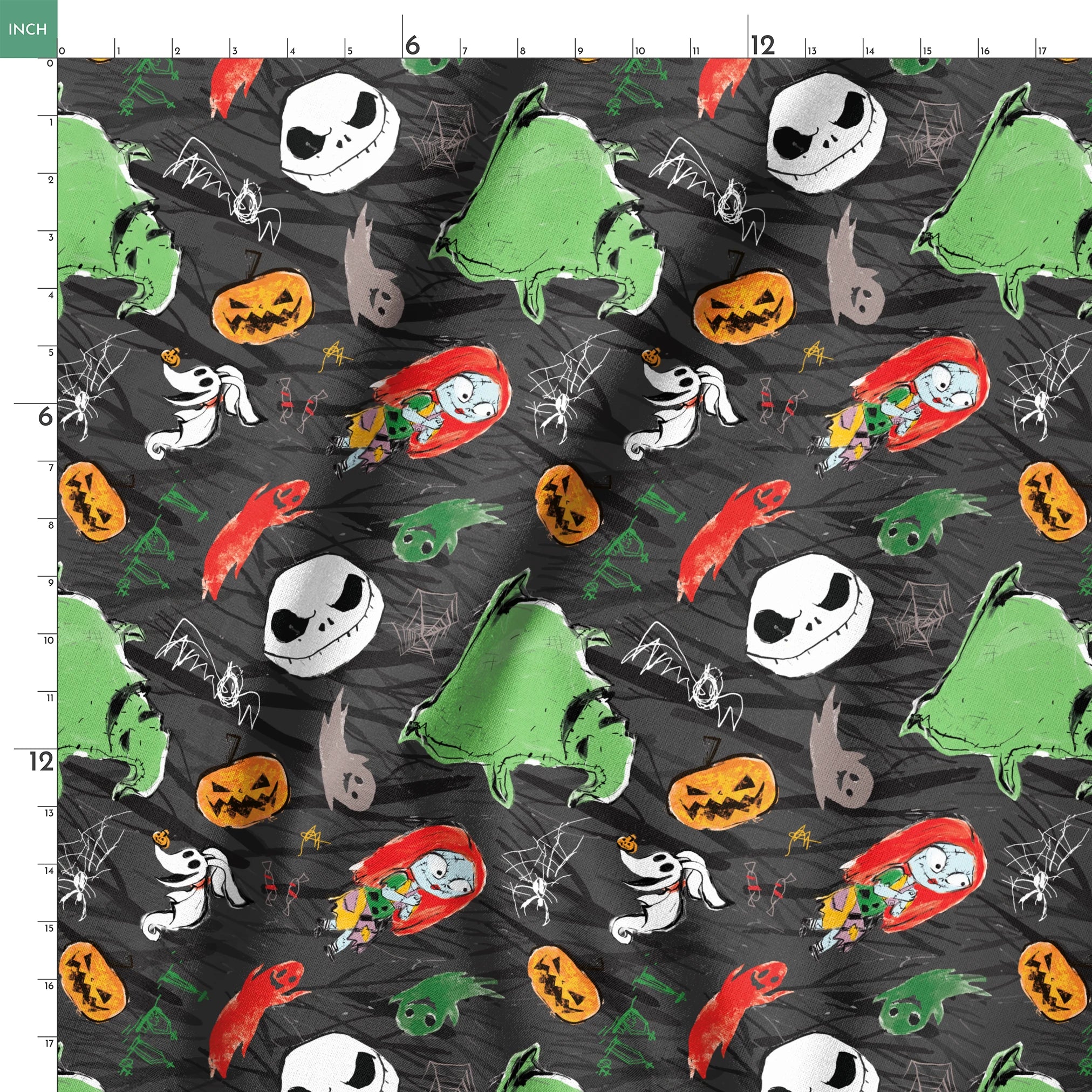 Nightmare Before Christmas pattern with Jack's face, green ghosts, orange pumpkins, spiders, and white ghosts on dark gray background springs ruler 18x18