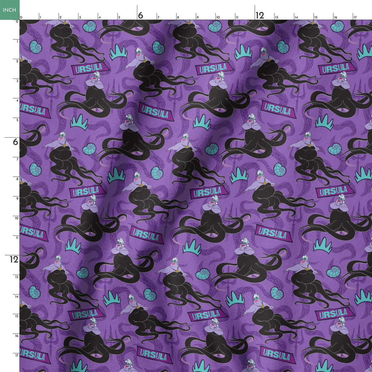 Purple background with Ursula silhouettes, tentacles, turquoise crowns, and name plates in repeating pattern springs ruler 18x18