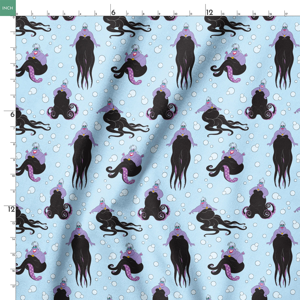Ursula with black tentacles swimming in a light blue underwater scene with white bubbles springs ruler 18x18