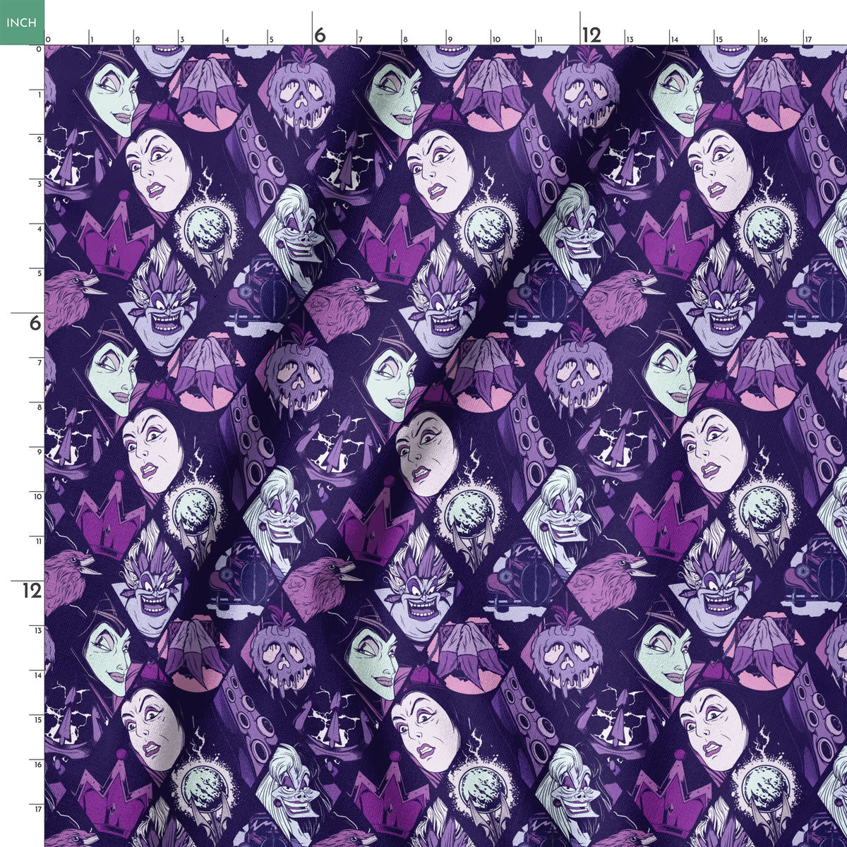 Stylized Disney villains in purple tones featuring evil queens, monsters, and creatures with sinister expressions. springs ruler 18x18
