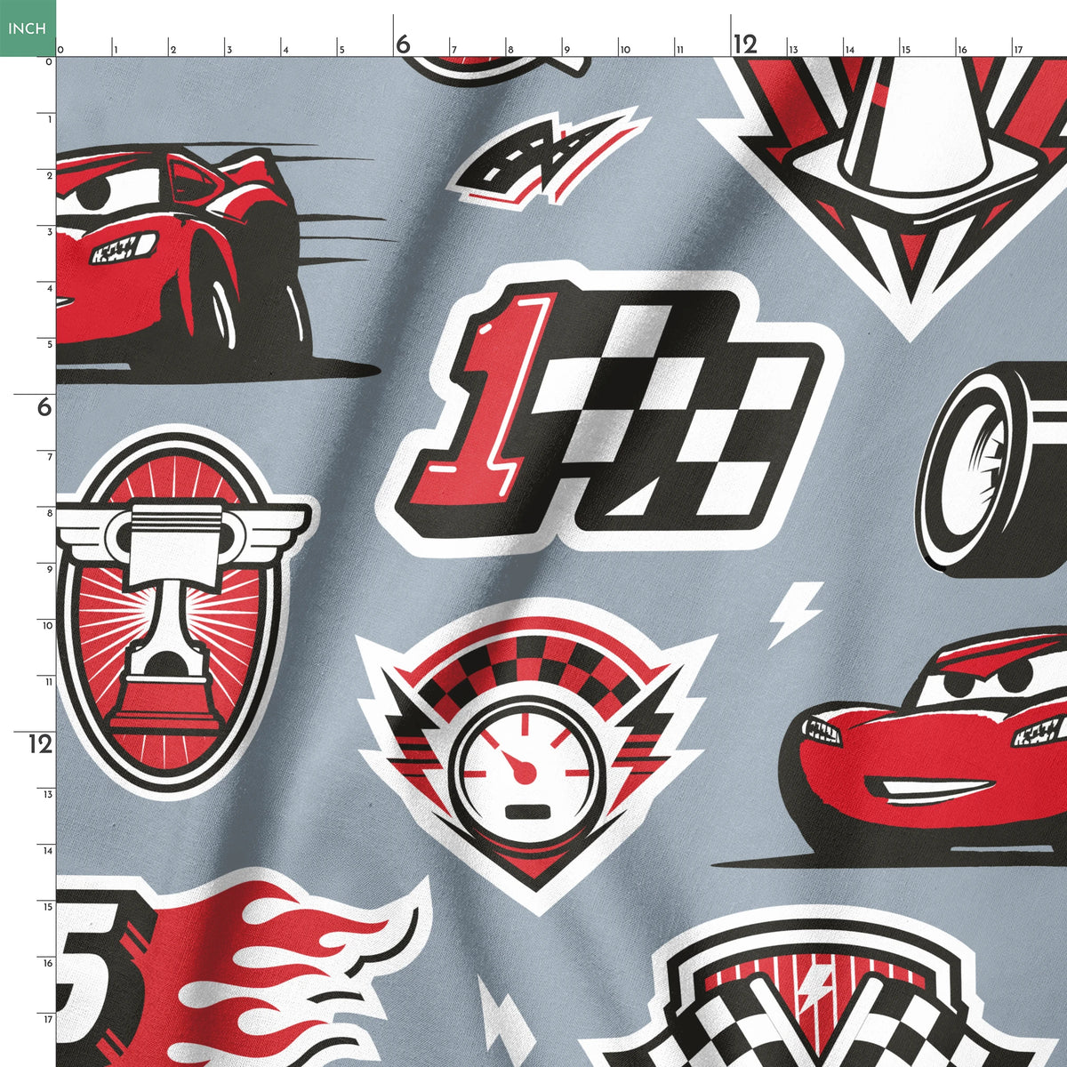 Racing pattern with red cars, checkered flags, speedometers, and racing emblems on gray background springs ruler 18x18