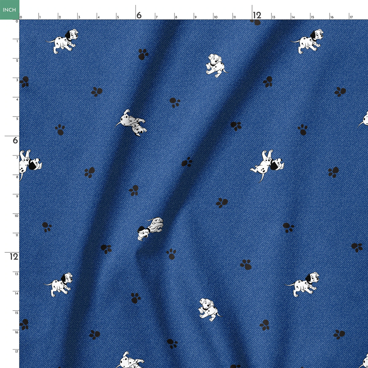 Blue background with small white cartoon-style space astronauts and black paw prints scattered across the pattern springs ruler 18x18