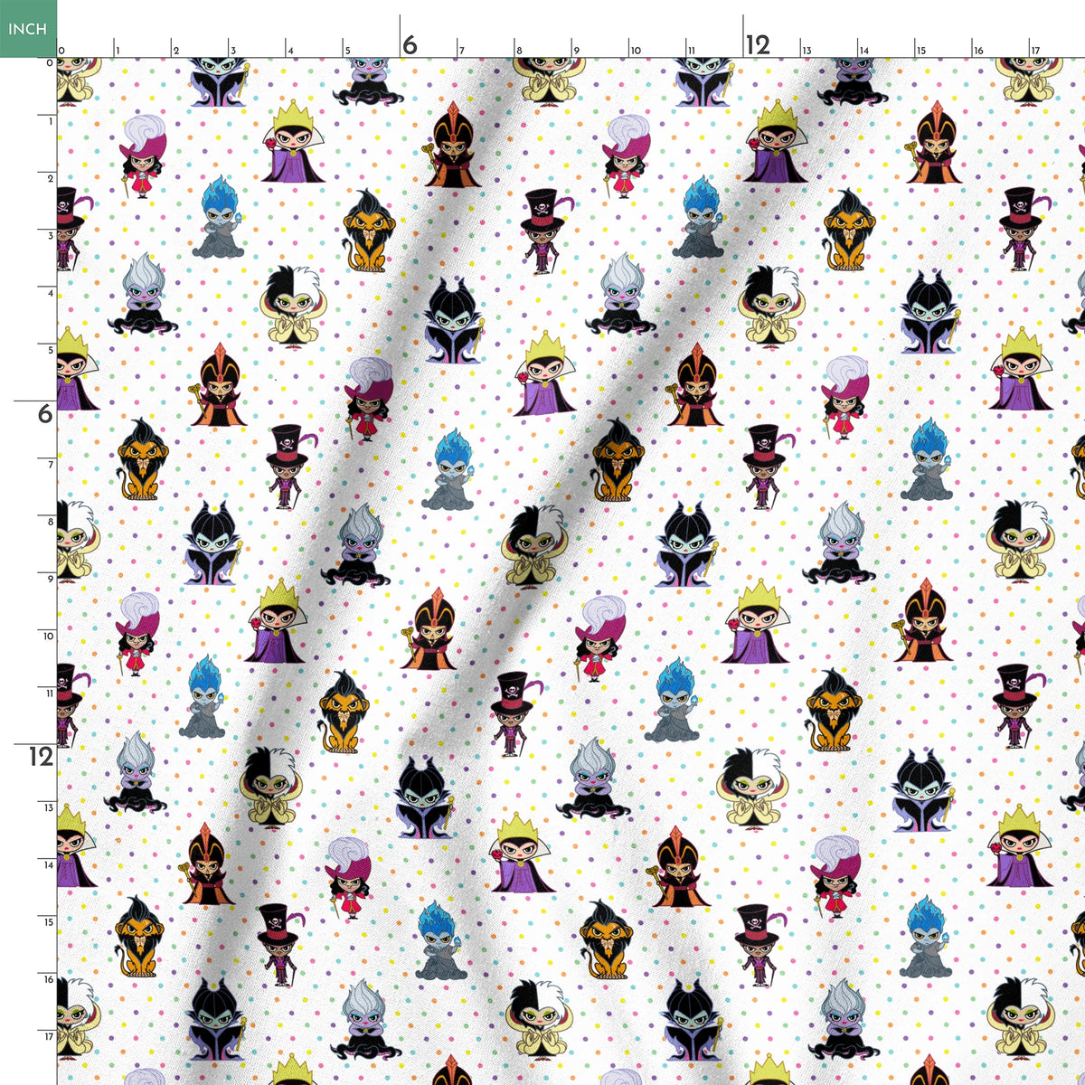 Cartoon Disney villain characters in chibi style scattered on polka dot background, including figures with crowns, capes, and distinctive colorful designs springs ruler 18x18