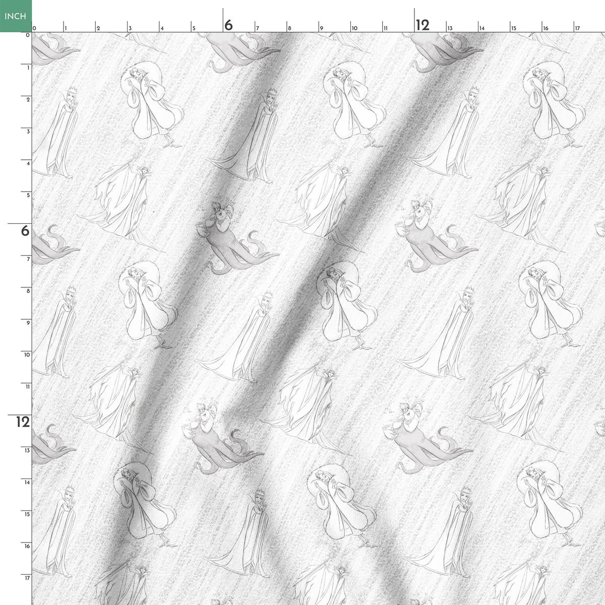 Sketched Disney villains scattered across a textured diagonal background in grayscale springs ruler 18x18