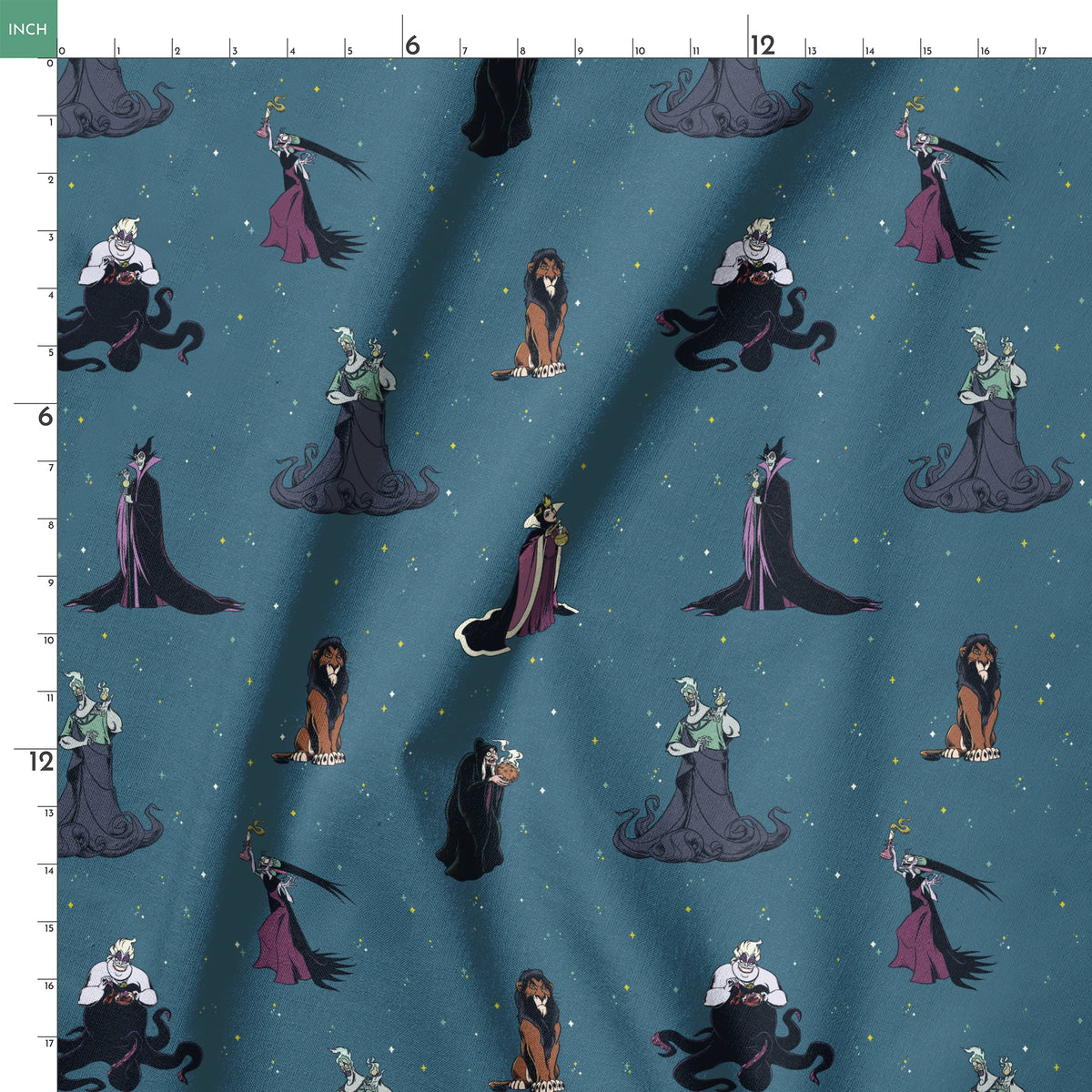 Disney villains pattern on teal background featuring Ursula, Maleficent, Cruella, and Scar in various poses springs ruler 18x18