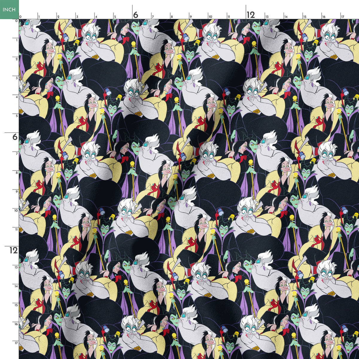 Colorful pattern of Disney villains including Ursula, Maleficent, and Cruella de Vil on dark background springs ruler 18x18