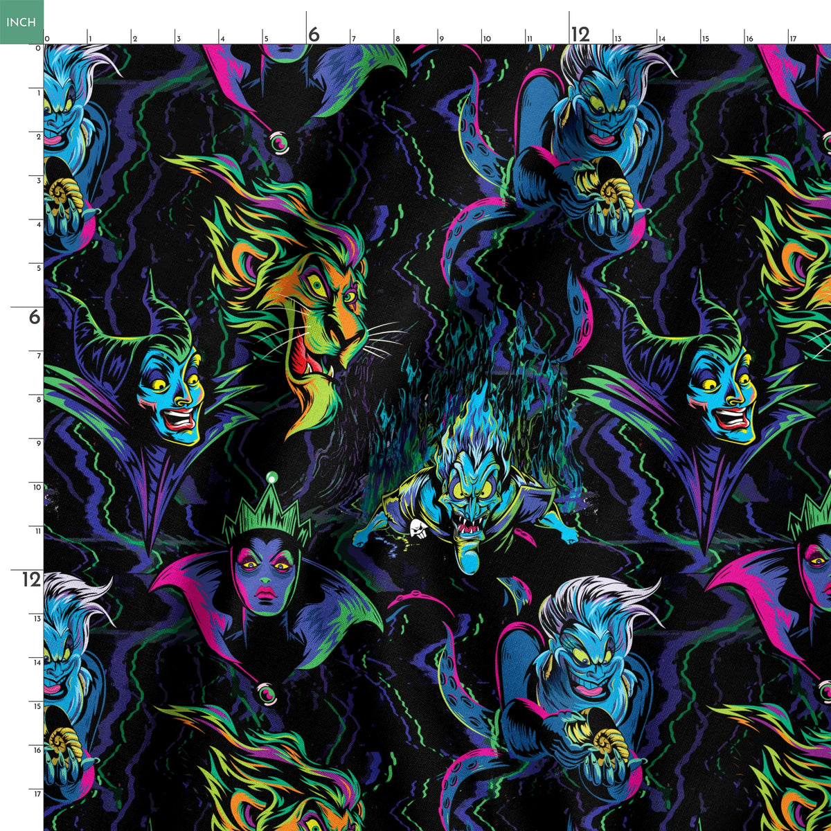 Colorful Disney villains in neon colors against black background springs ruler 18x18