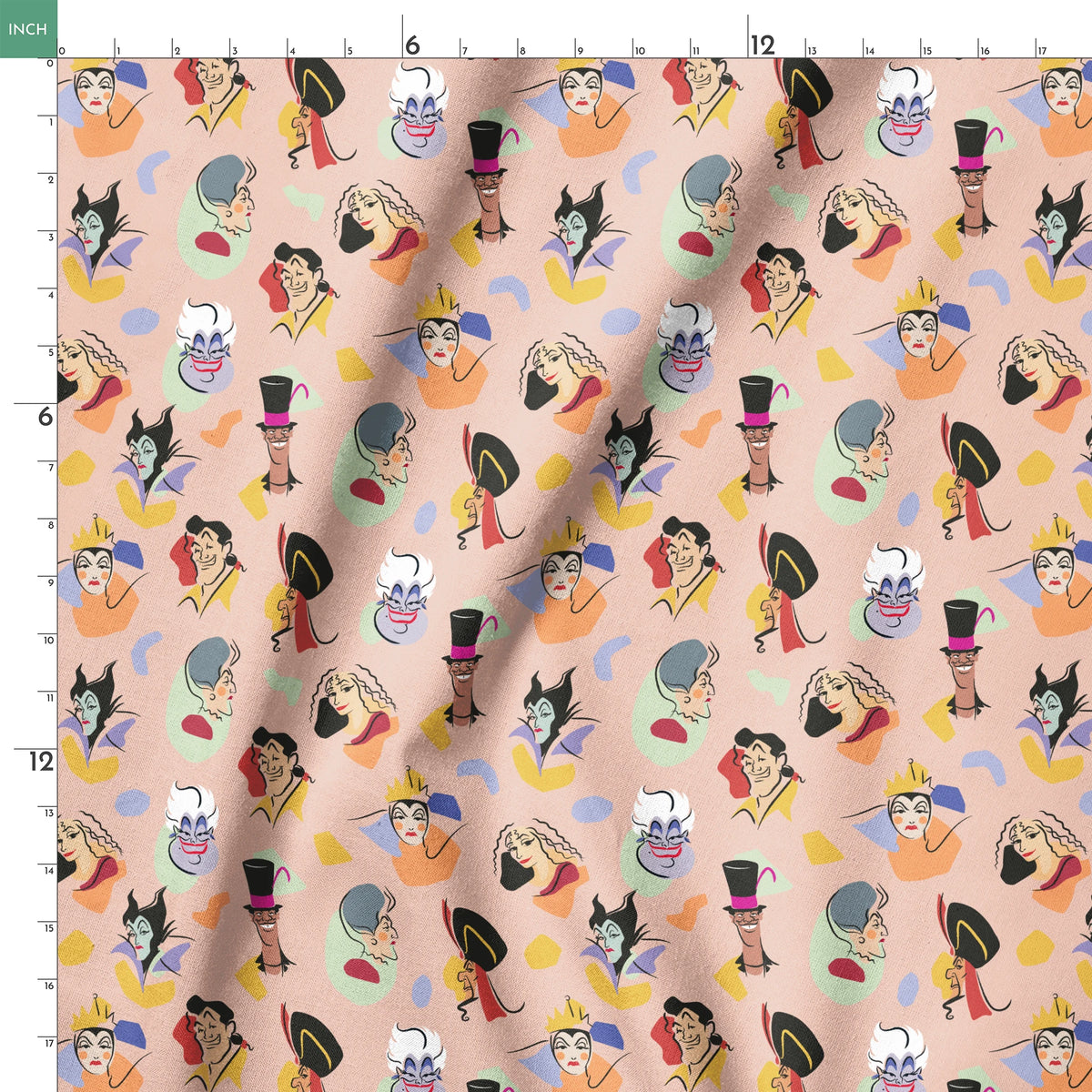 Colorful pattern of Disney villains including Evil Queen, Gaston, Jafar, Ursula, and Maleficent on pink background springs ruler 18x18