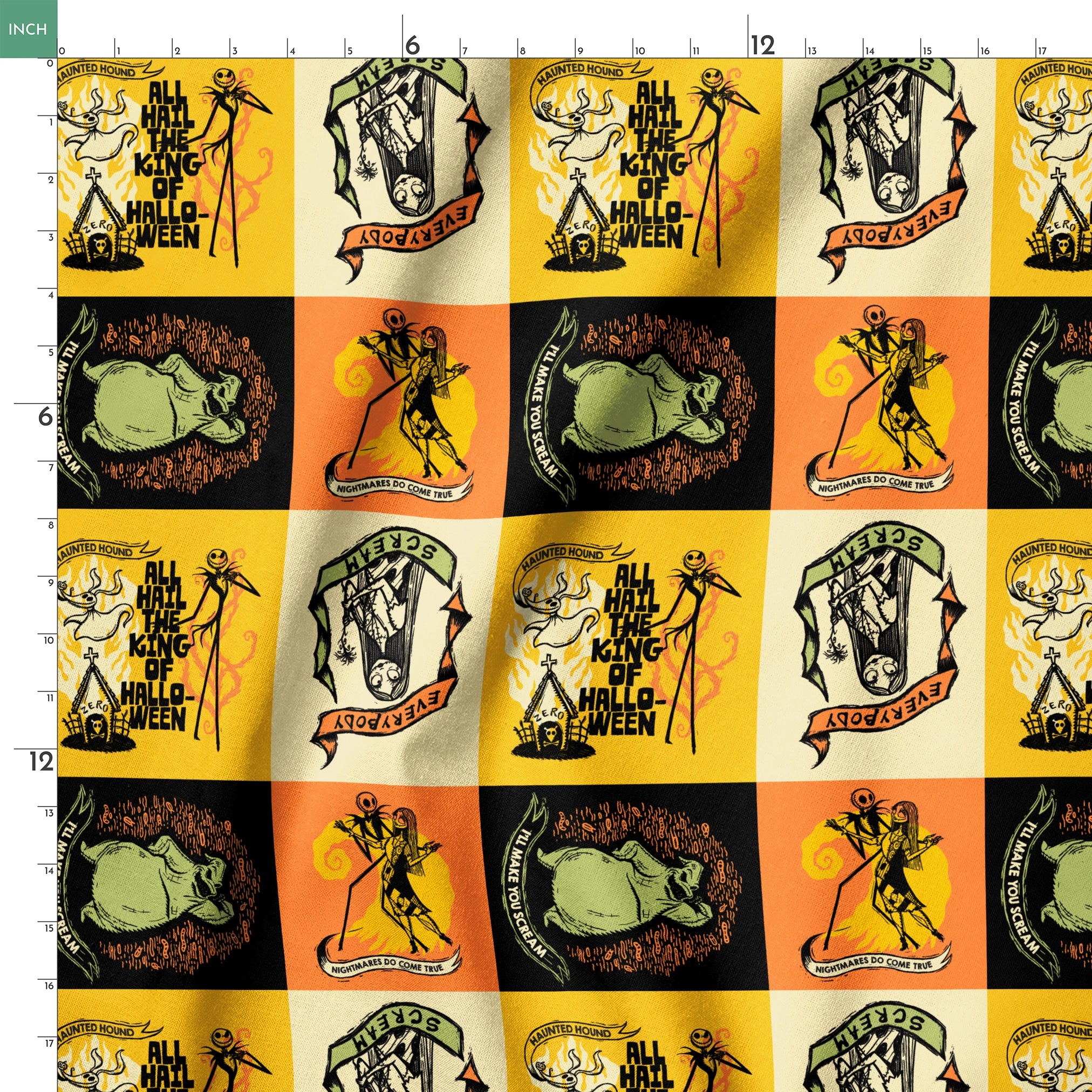 Four stylized Nightmare Before Christmas illustrations in a grid with yellow, green, and orange backgrounds featuring a haunted house and gothic imagery. springs ruler 18x18