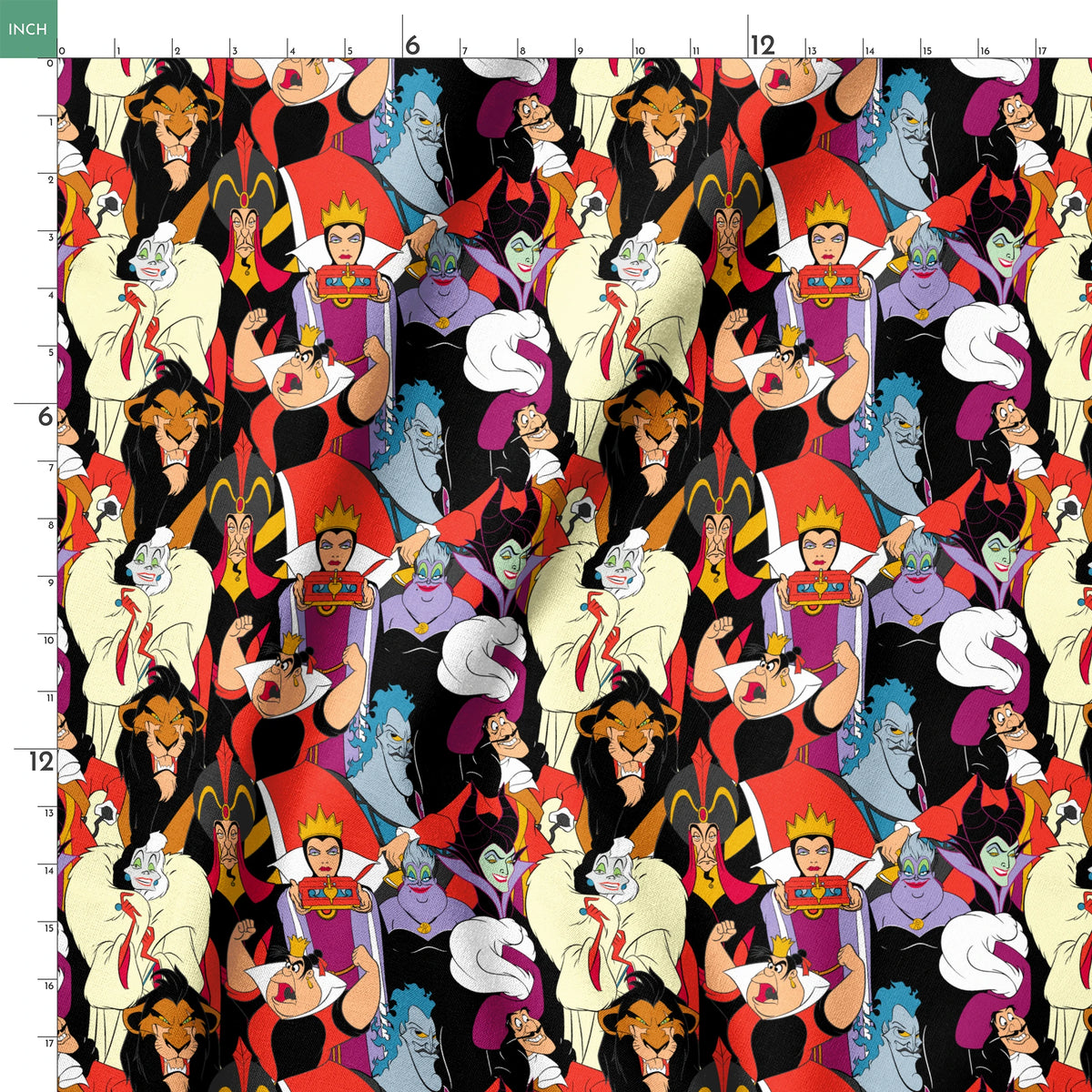 Disney villains collage featuring colorful animated characters with distinct evil expressions and iconic costumes. springs ruler 18x18