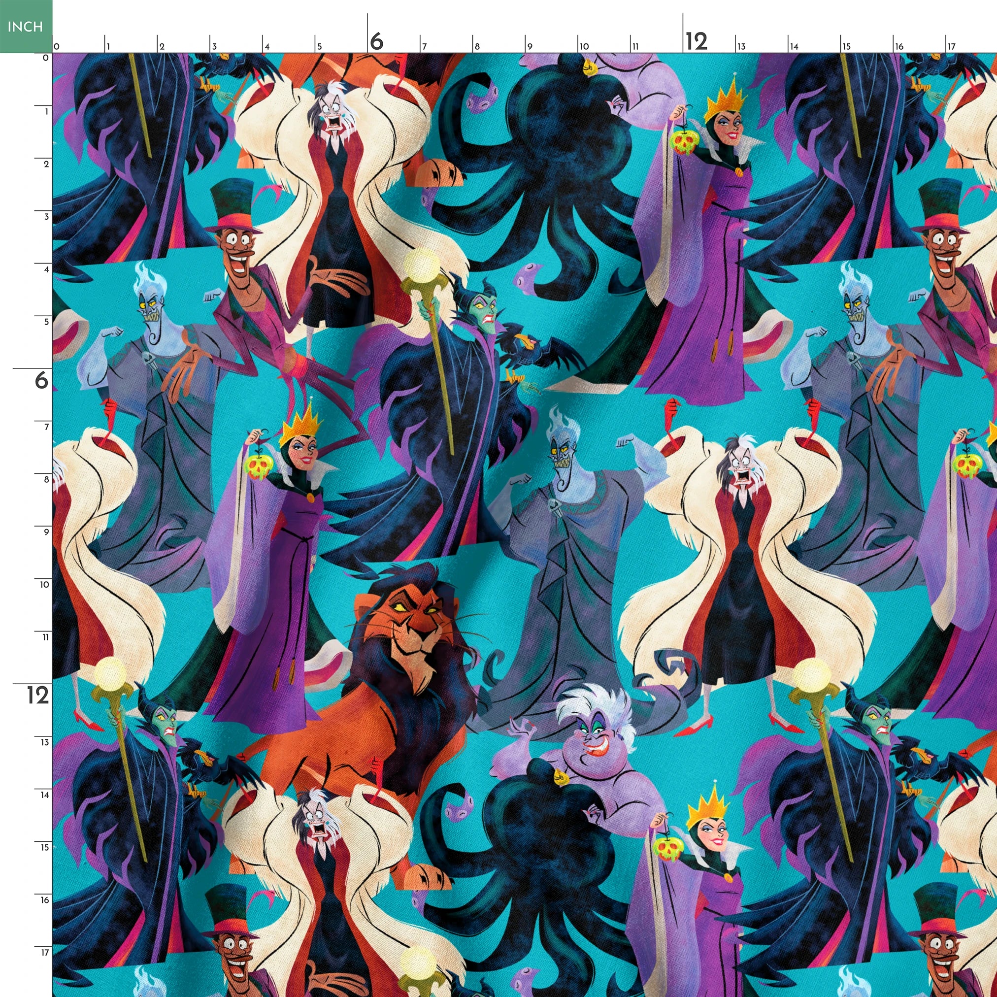 Disney Villains like Ursula, Maleficent, and Hades on a turquoise background in a colorful character pattern. springs ruler 18x18