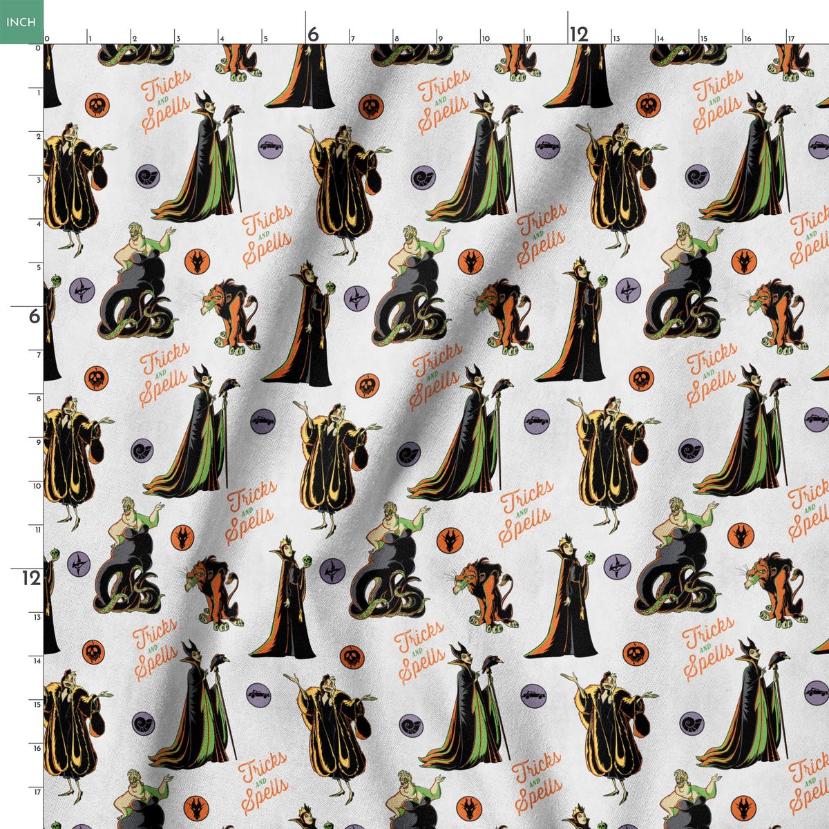 Halloween pattern with Disney villains, spells text, and magical symbols on light background springs ruler 18x18