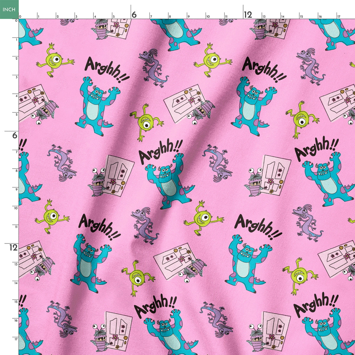 Cartoon monster pattern with blue creatures, green one-eyed characters, and "Arghh!!" text on pink background springs ruler 18x18