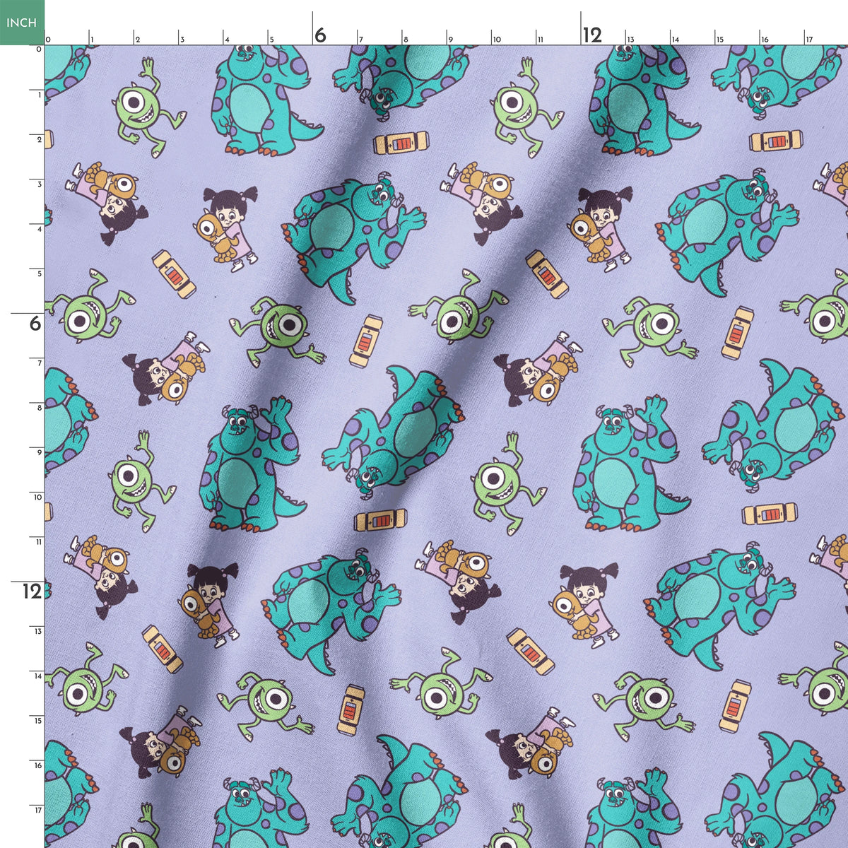Cartoon pattern of Monsters Inc characters - Mike, Sulley, and Boo - on a purple background springs ruler 18x18