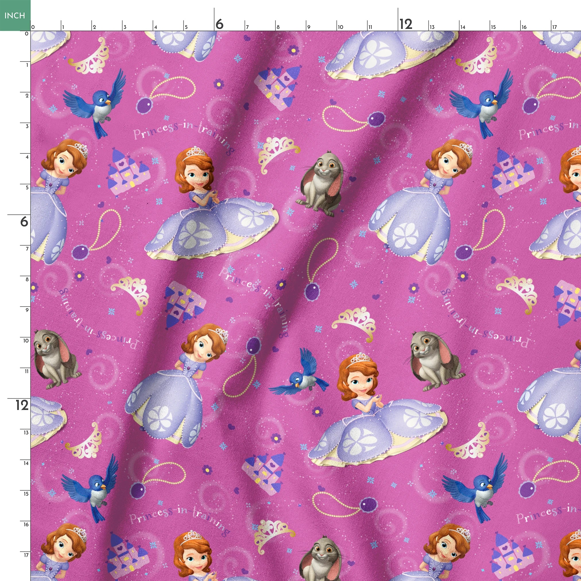 Princess Sofia pattern with purple background, crowns, castles, rabbits, and blue birds scattered among swirling designs springs ruler 18x18