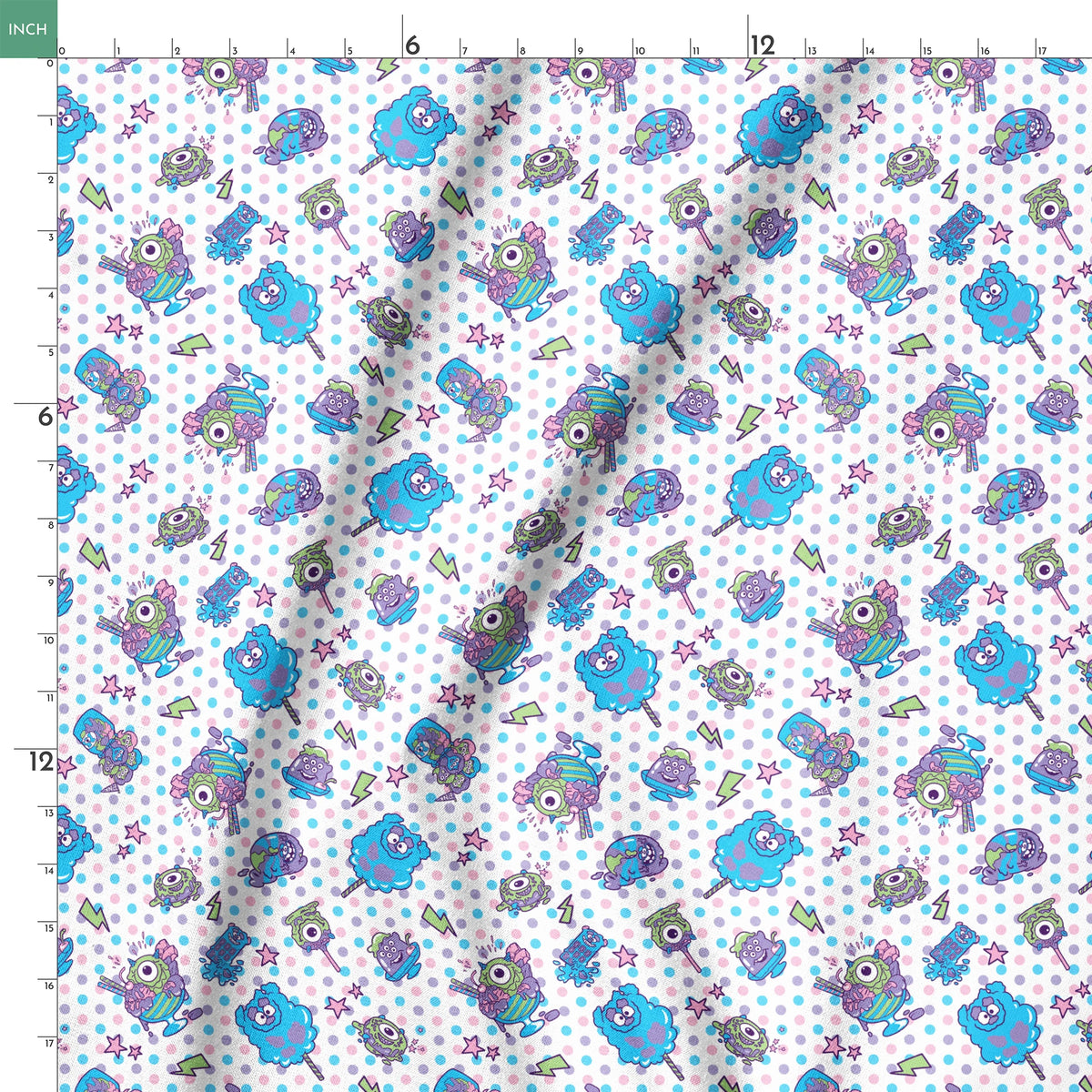 Monsters Inc inspired desserts, stars and lightning bolts on polka dot background springs ruler 18x18