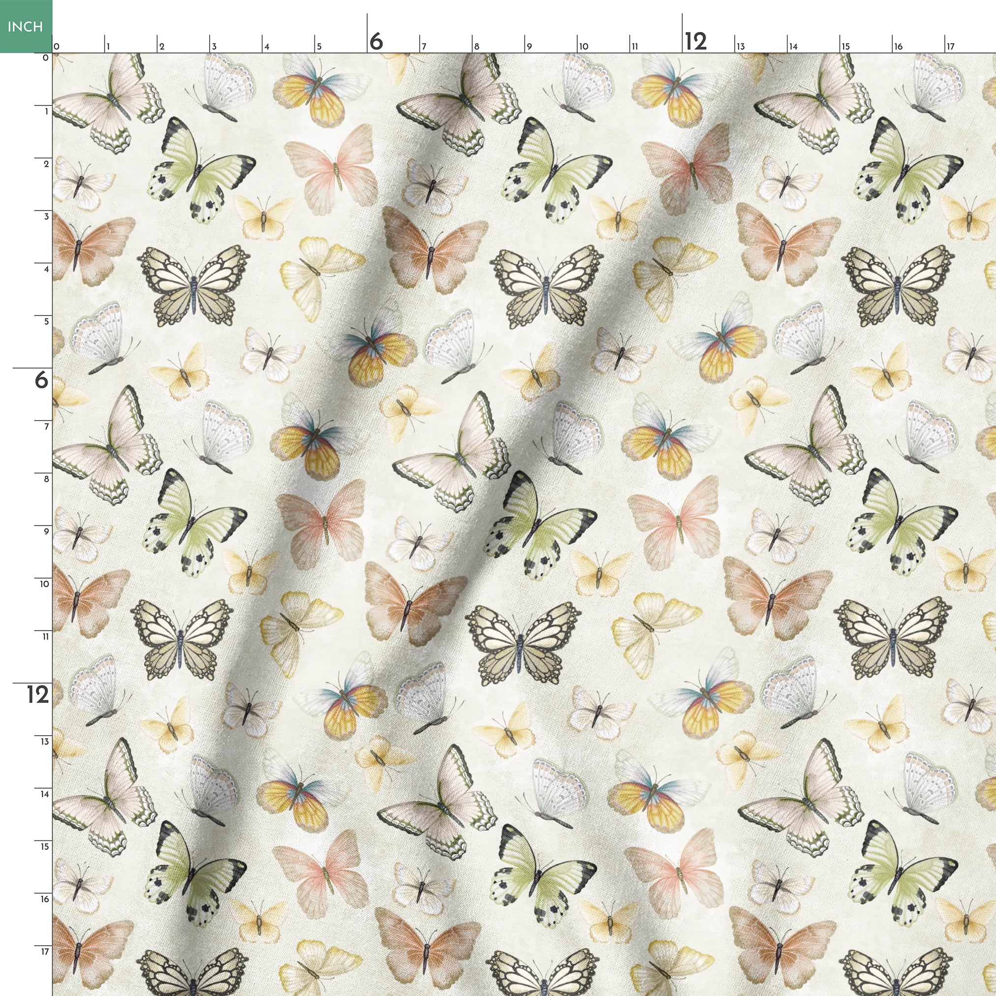 Hand-illustrated pastel butterflies in pink, blue, yellow, and sage on a cream background in a botanical-style Nicole Tamarin design. springs ruler 18x18