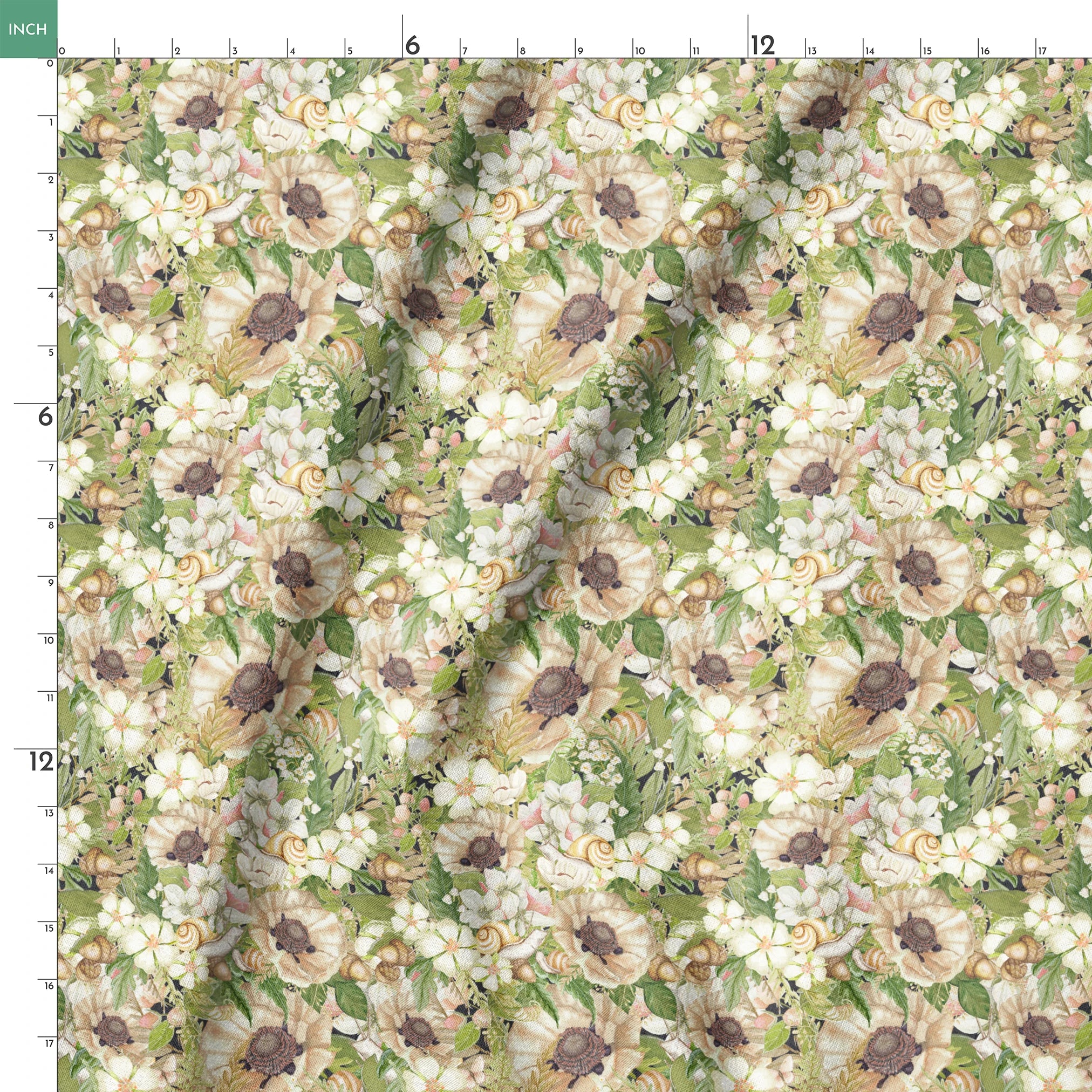 Botanical pattern by Nicole Tamarin featuring cream poppies, snails, acorns, and soft green leaves in an earthy woodland layout. springs ruler 18x18