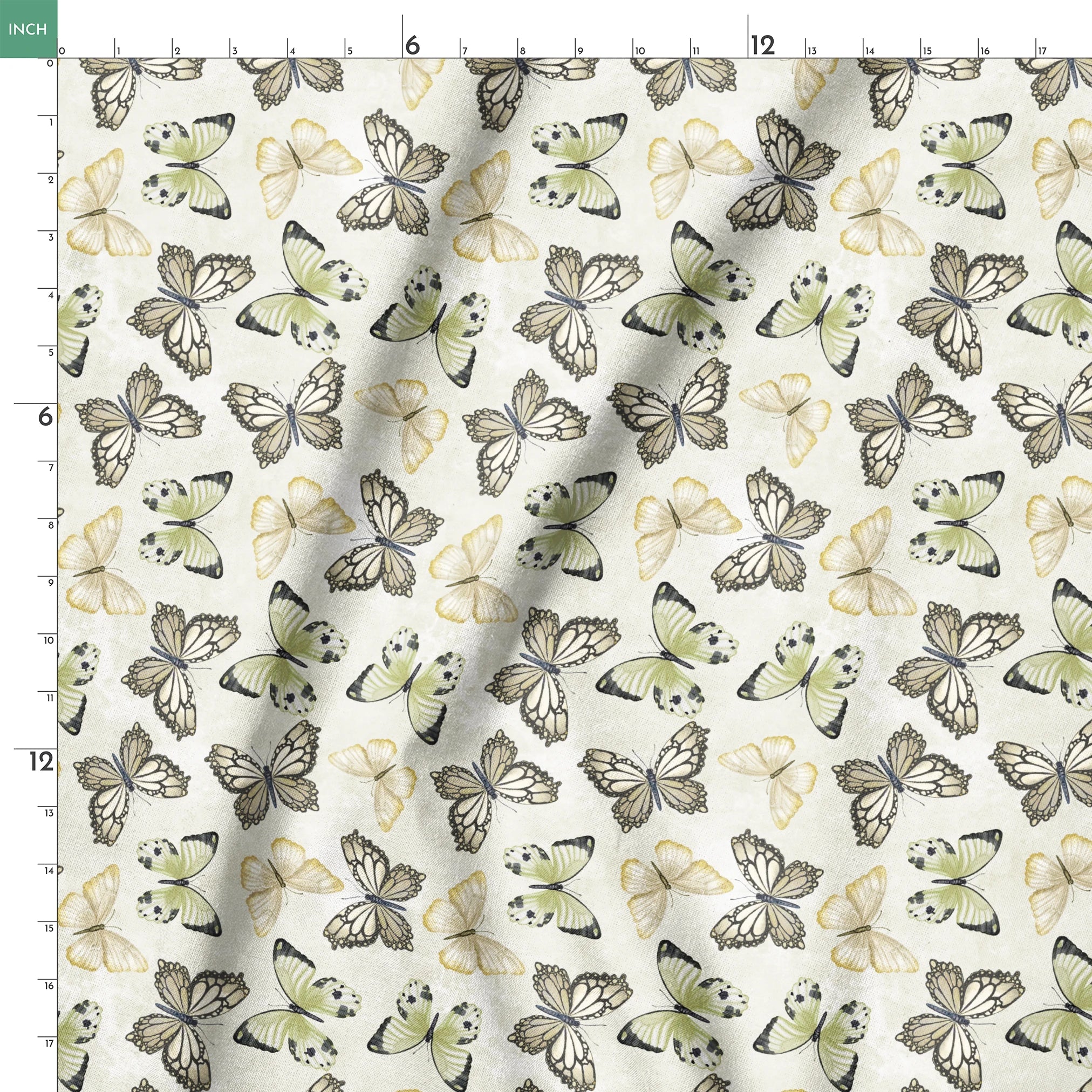 Illustrated butterfly pattern by Nicole Tamarin with soft sage green and neutral tones on a textured cream background. springs ruler 18x18