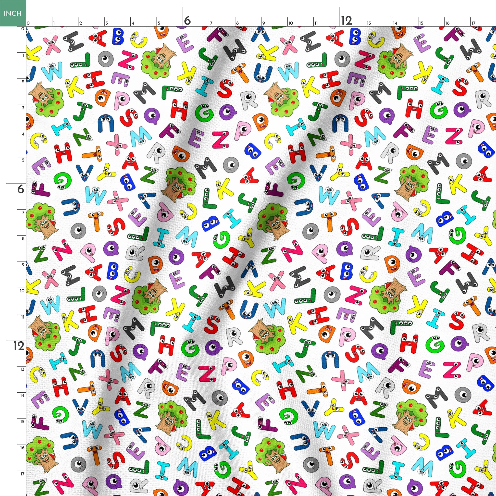 Colorful cartoon alphabet letters scattered randomly on white background with small monster characters springs ruler 18x18