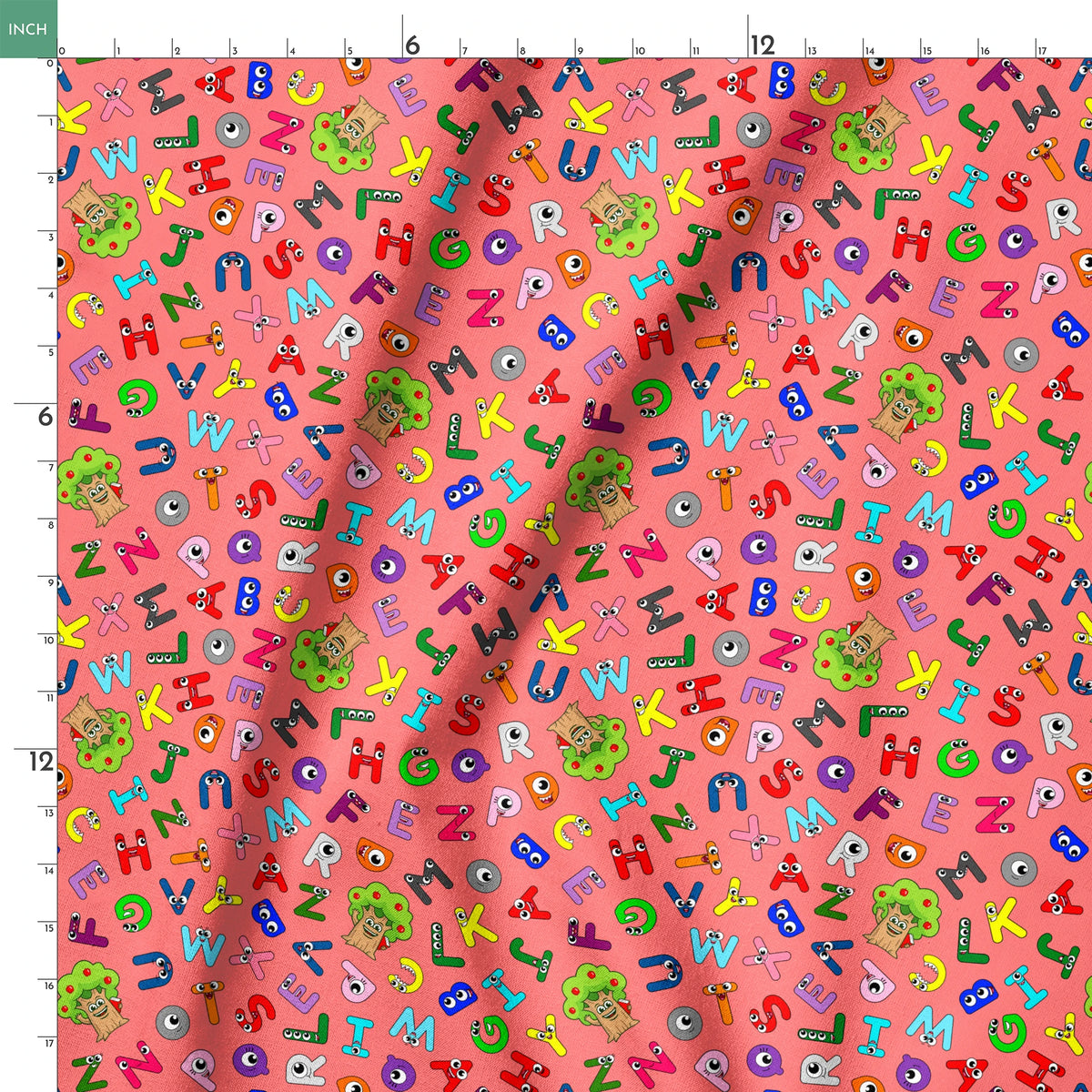 Colorful alphabet pattern with cartoon letter characters on bright pink background springs ruler 18x18