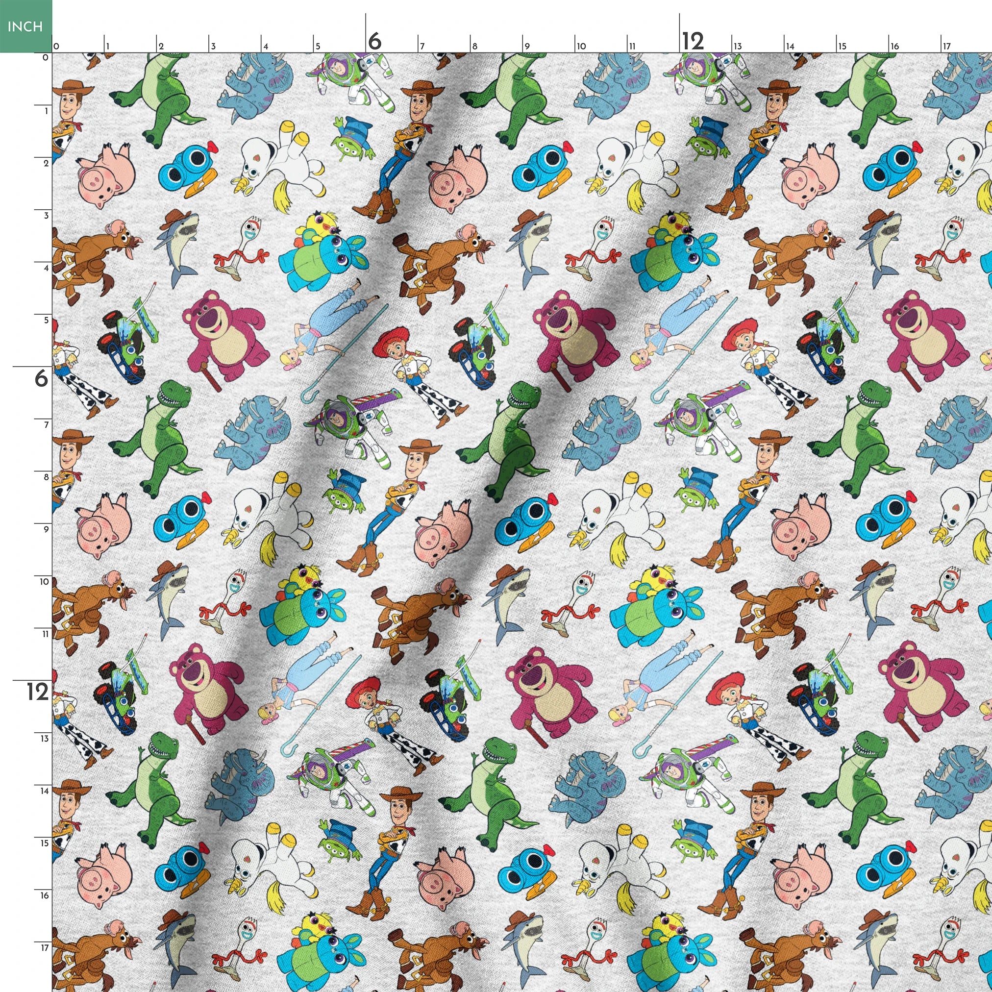 Colorful pattern of various animated Toy Story characters on a light speckled background springs ruler 18x18