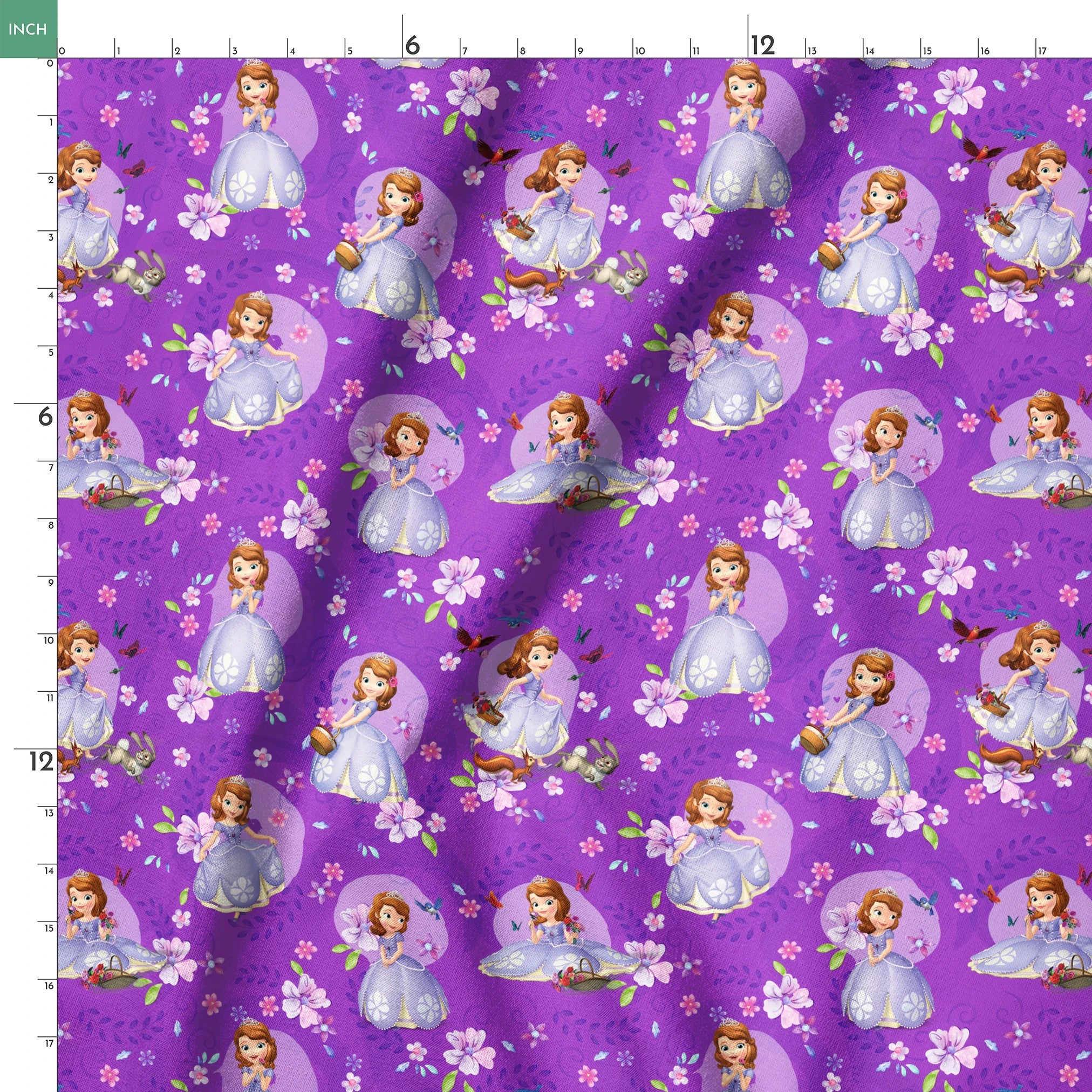 Purple background with repeating pattern of Sofia character in lavender dress surrounded by pink flowers and circular accents springs ruler 18x18